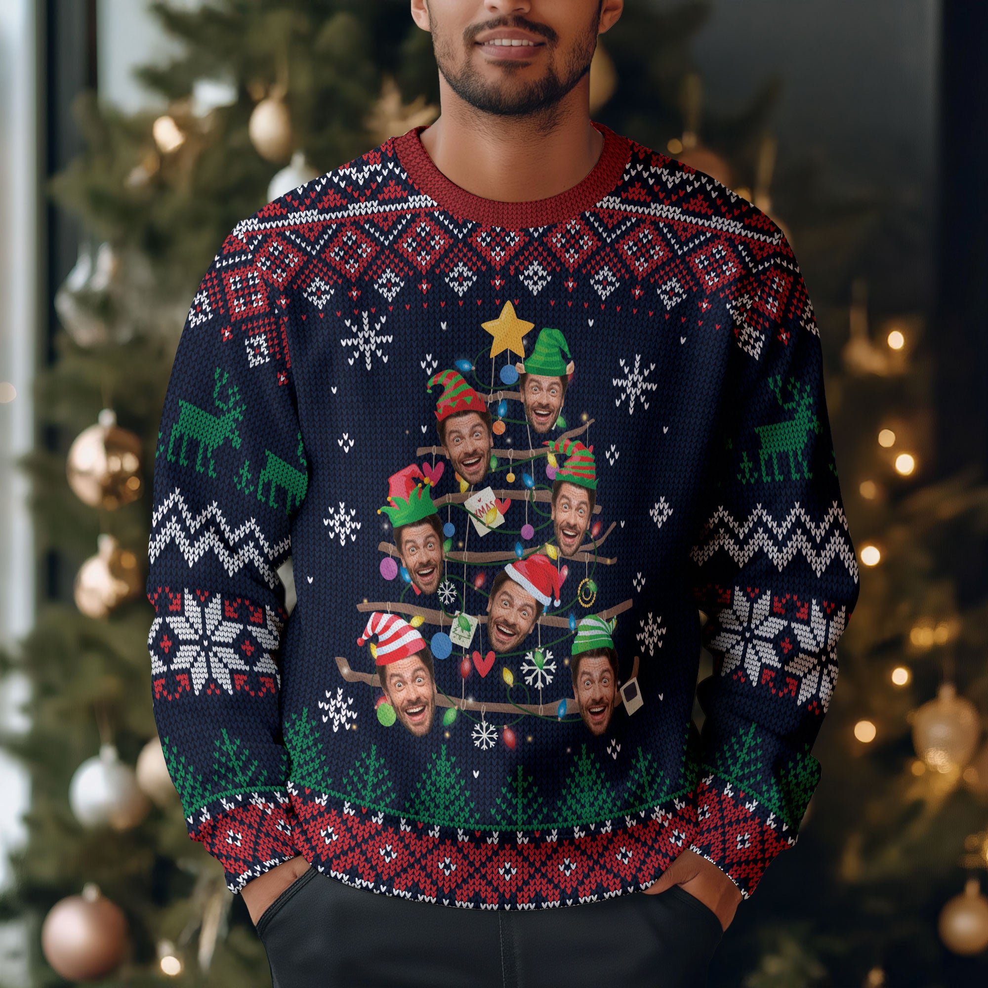 Custom Face Christmas Tree Sweater – Personalized Ugly Holiday Sweatshirt for Family Gift