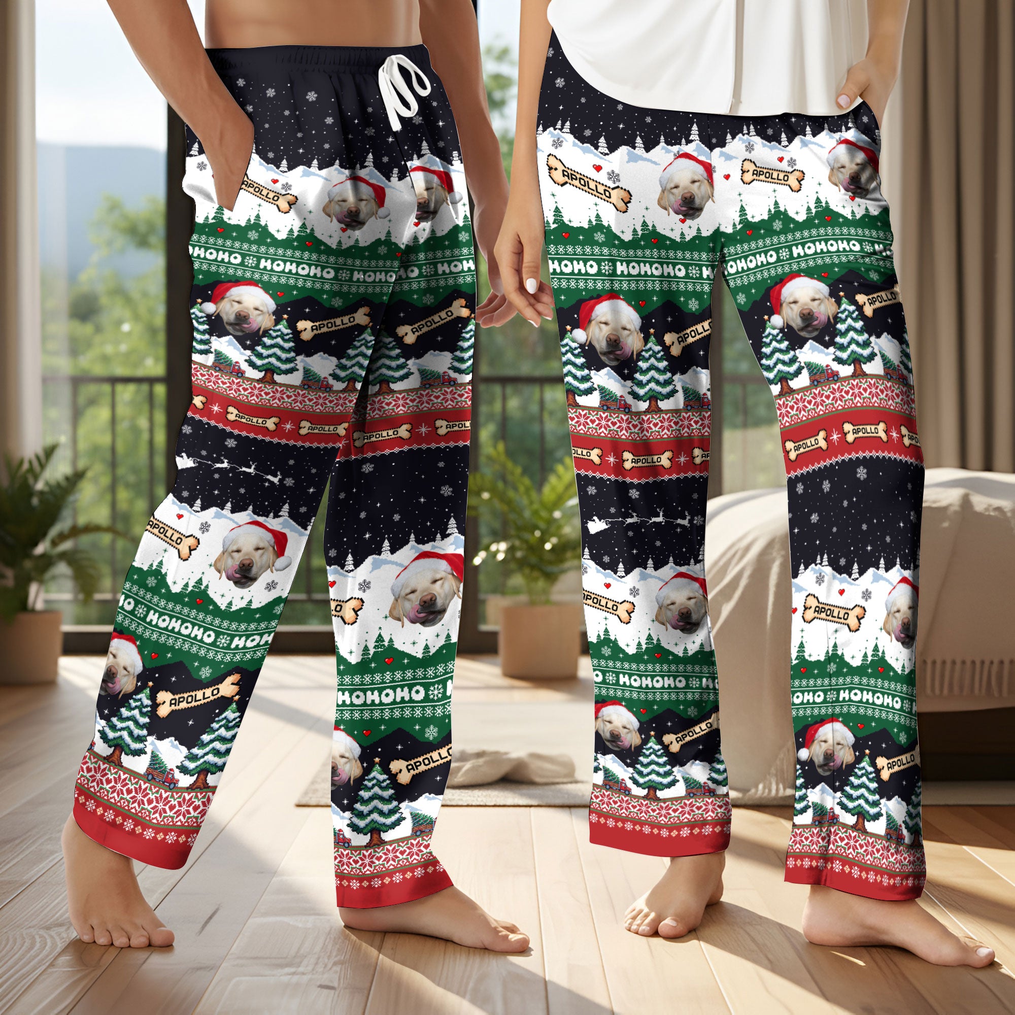 Custom Christmas Pet Photo Pajama Pants – Personalized Dog Name Holiday Pattern Sleepwear