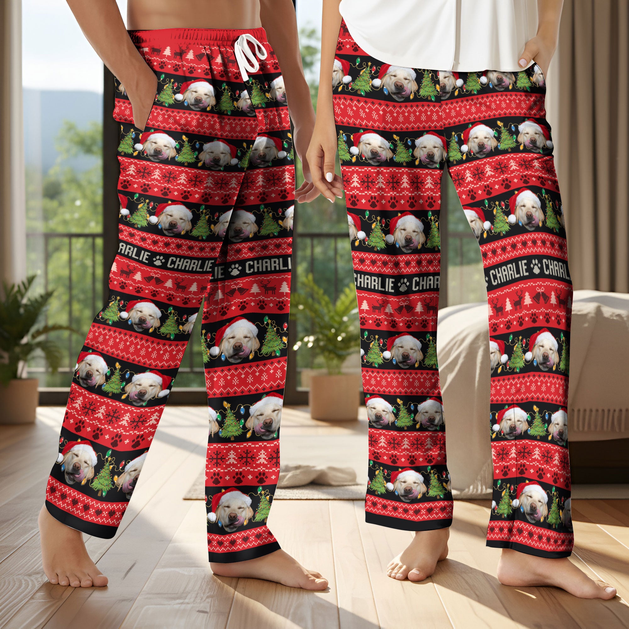 Custom Pet Christmas Name Pajama Pants – Personalized Dog Photo Holiday Lounge Wear
