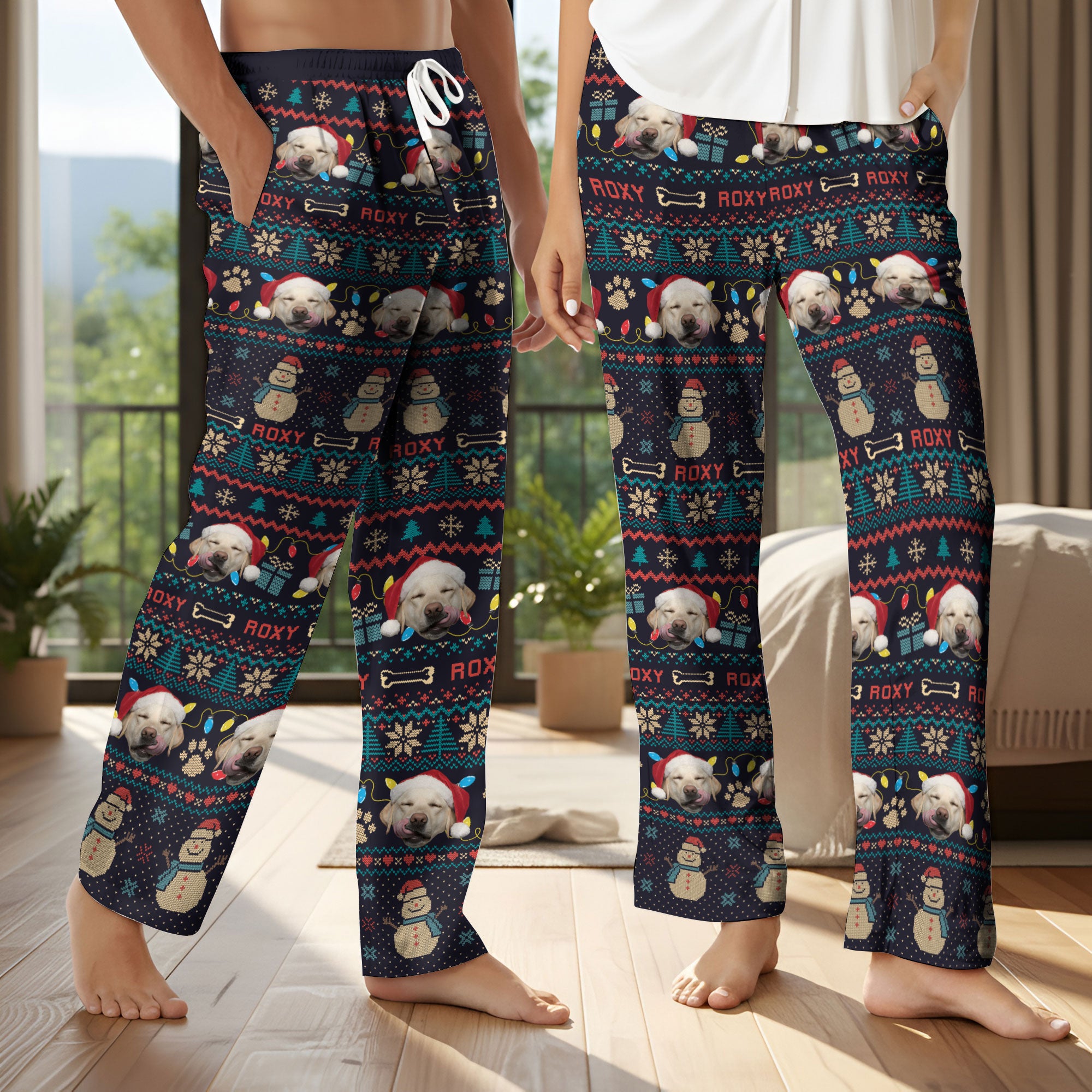 Custom Pet Snowman Christmas Pajama Pants – Personalized Dog Photo & Name Holiday Sleepwear