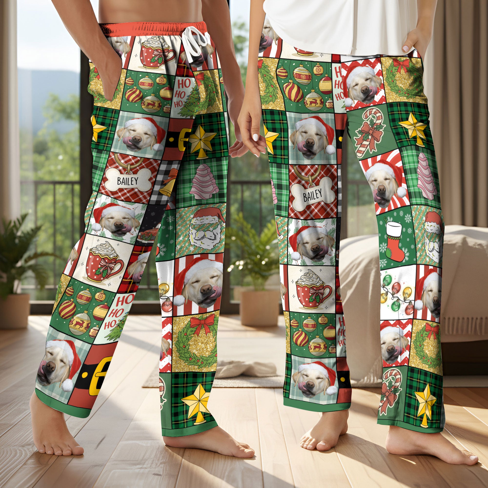 Custom Patchwork Christmas Pet Pajama Pants – Personalized Dog Photo & Name Holiday Lounge Wear