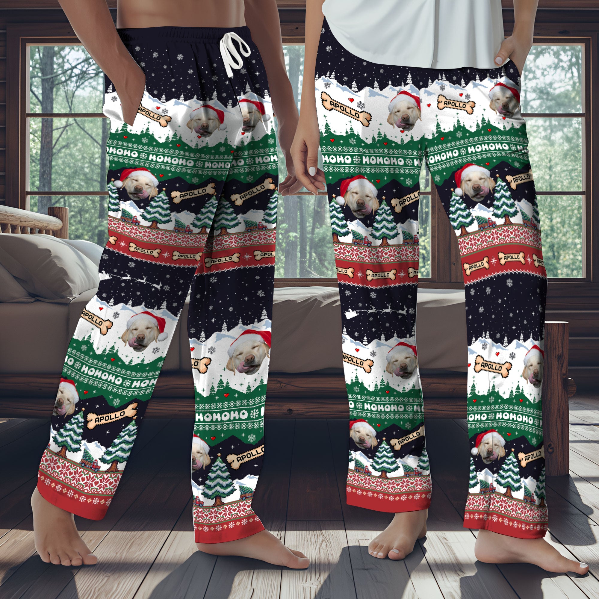 Custom Christmas Pet Photo Pajama Pants – Personalized Dog Name Holiday Pattern Sleepwear