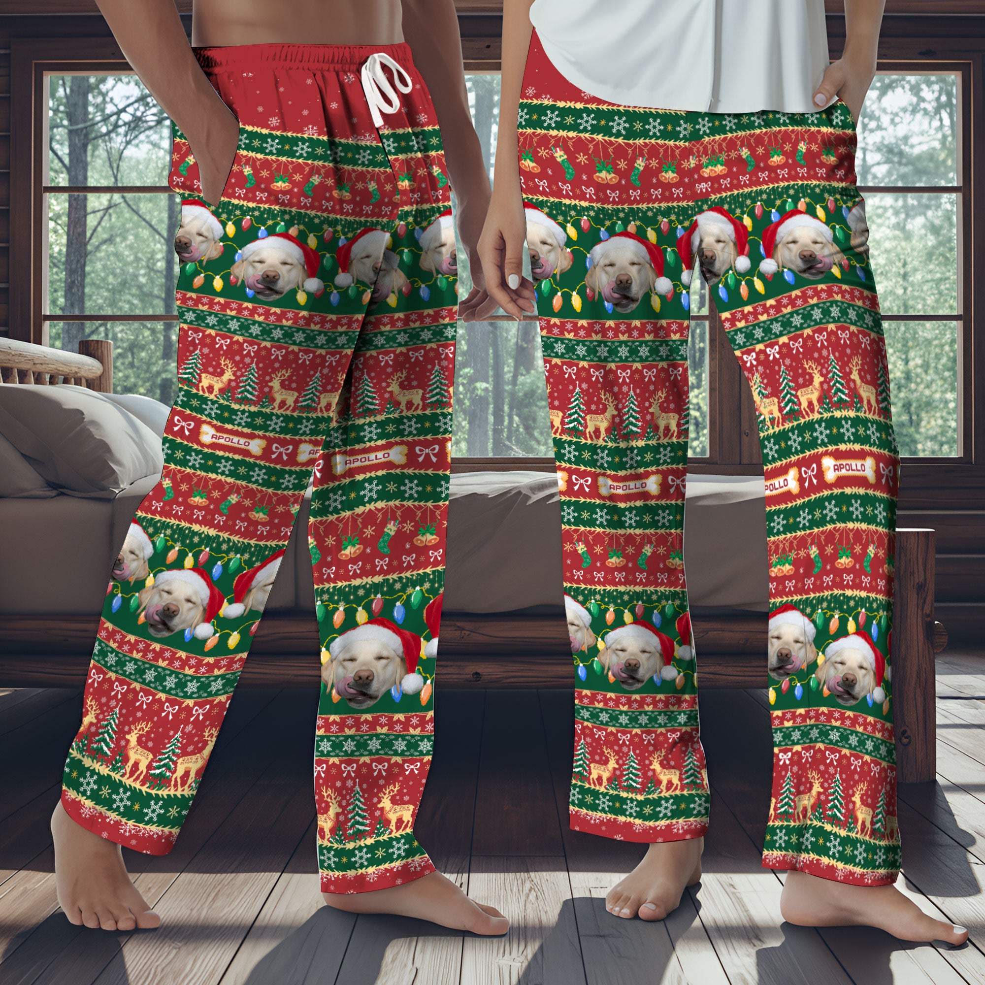 Custom Pet Christmas Lights Pajama Pants – Personalized Dog Photo & Name Holiday Lounge Bottoms