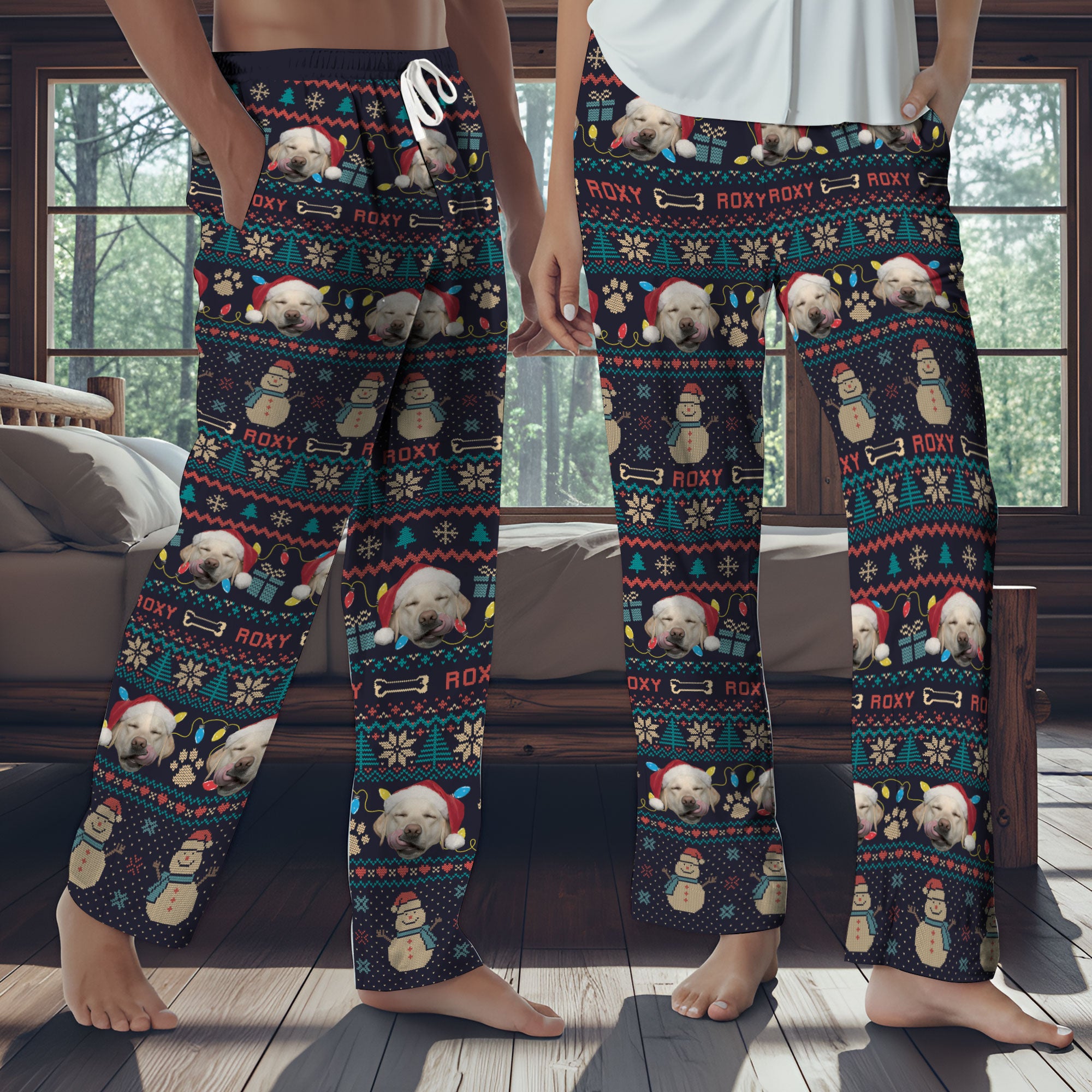 Custom Pet Snowman Christmas Pajama Pants – Personalized Dog Photo & Name Holiday Sleepwear