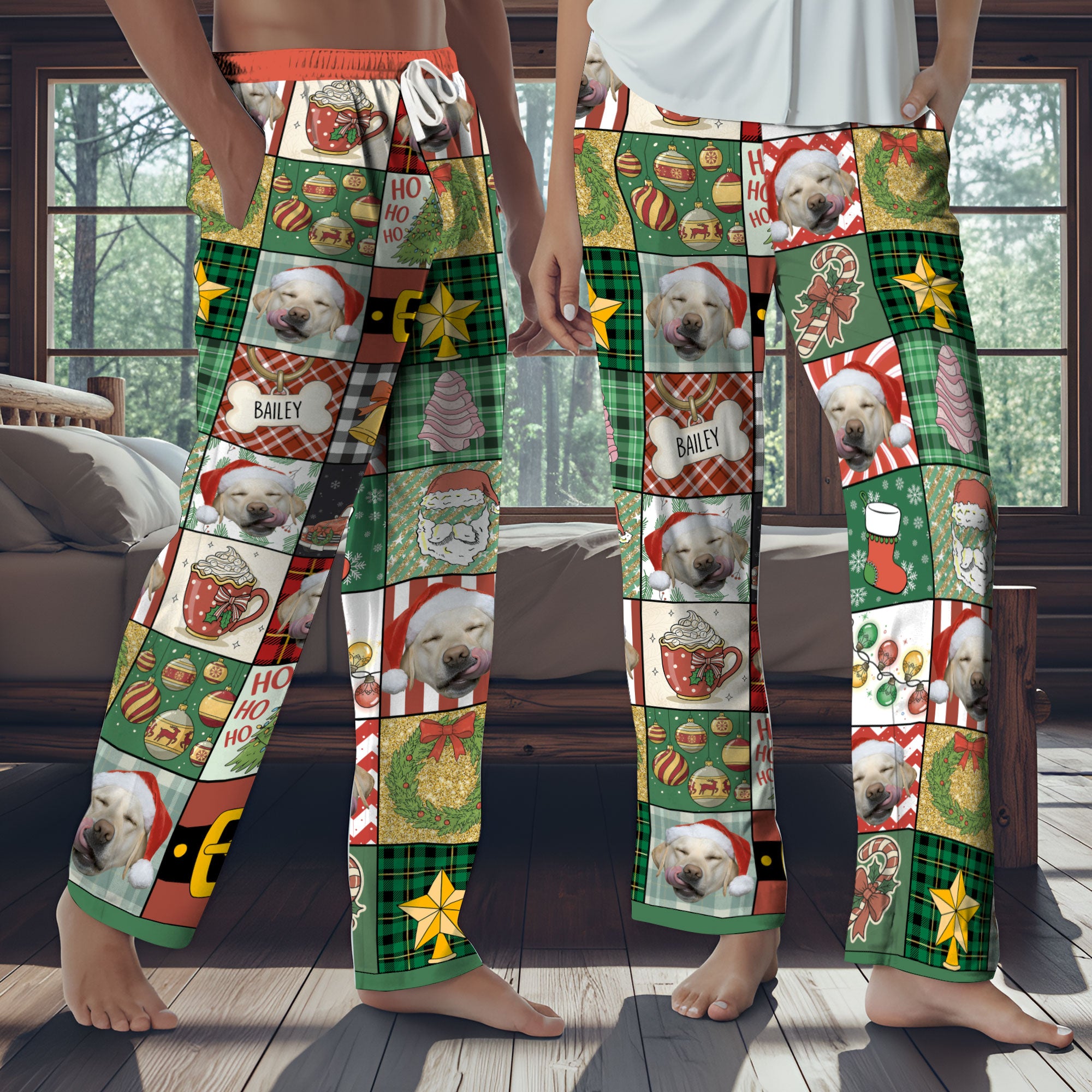 Custom Patchwork Christmas Pet Pajama Pants – Personalized Dog Photo & Name Holiday Lounge Wear