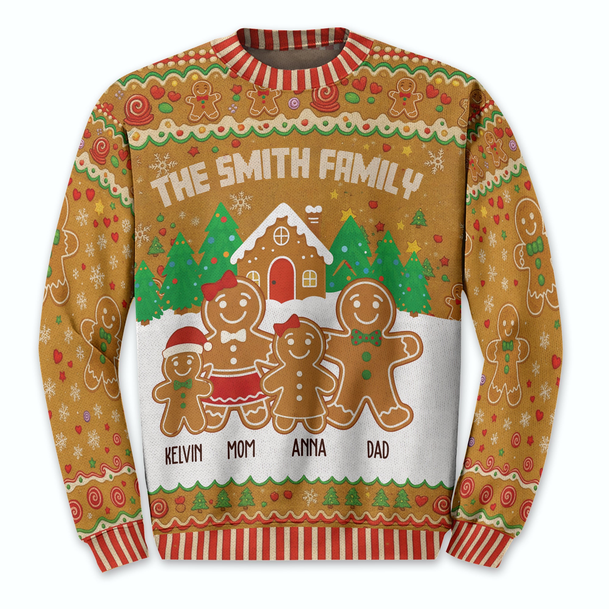 Custom Gingerbread Family Christmas Sweater – Personalized Name Ugly Holiday Sweatshirt for Family