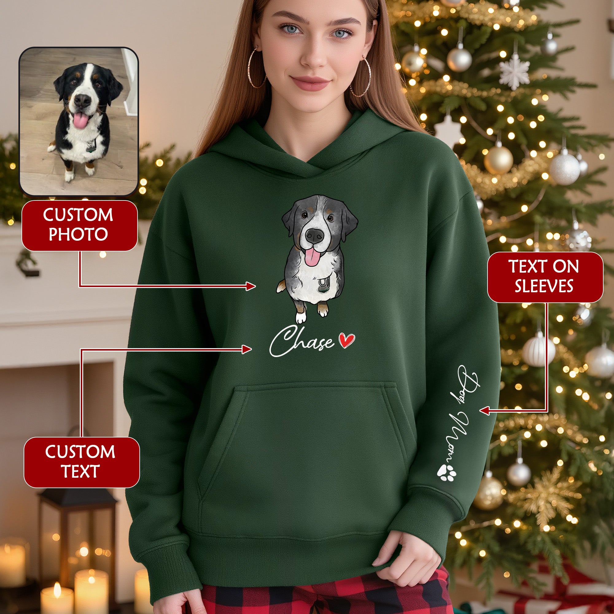 Custom Pet Portrait Hoodie– Dog Name Printed with Heart, Perfect Gift for Dog Lovers