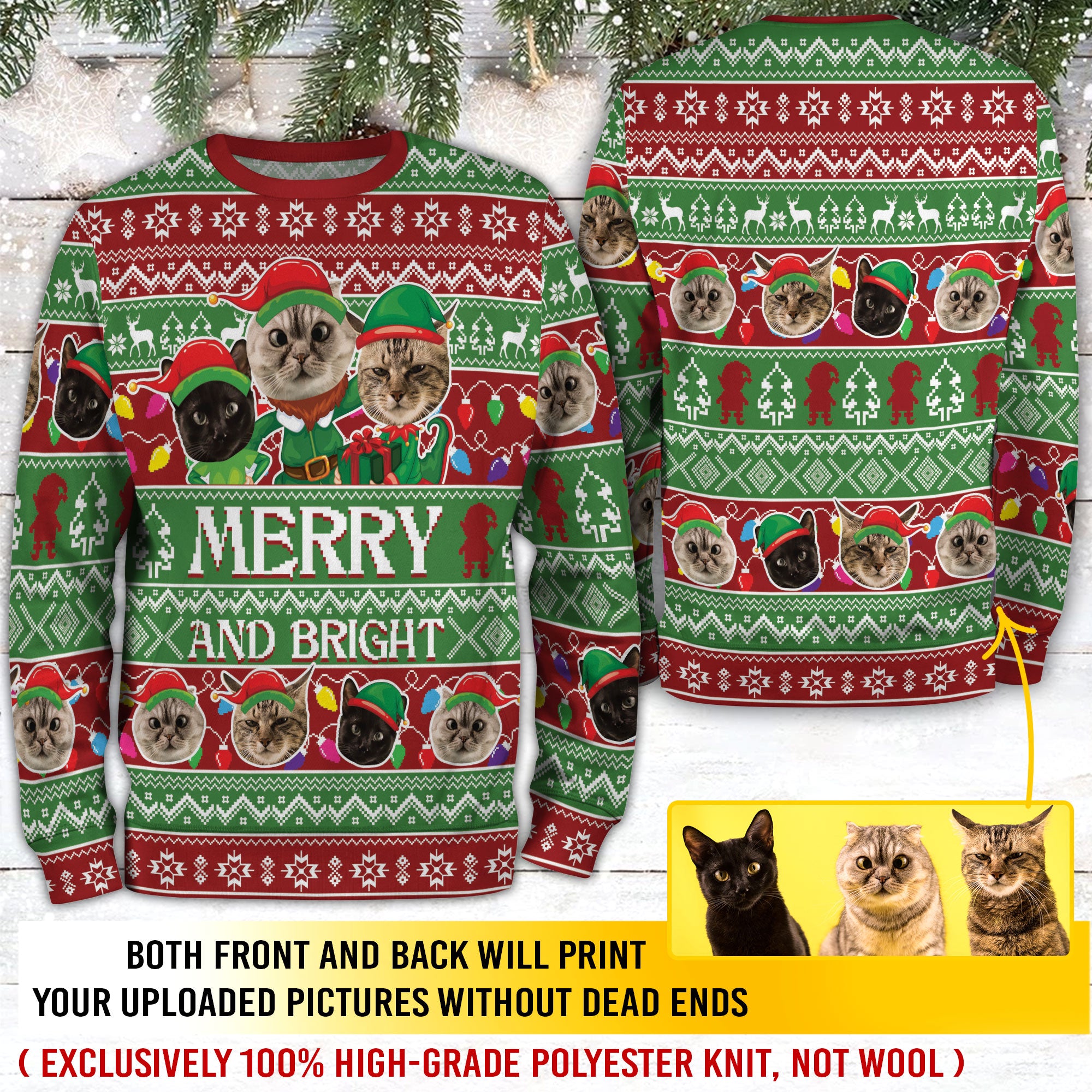 Personalized Cat Face Christmas Sweater – Custom Photo Ugly Xmas Sweatshirt for Cat Mom & Cat Dad