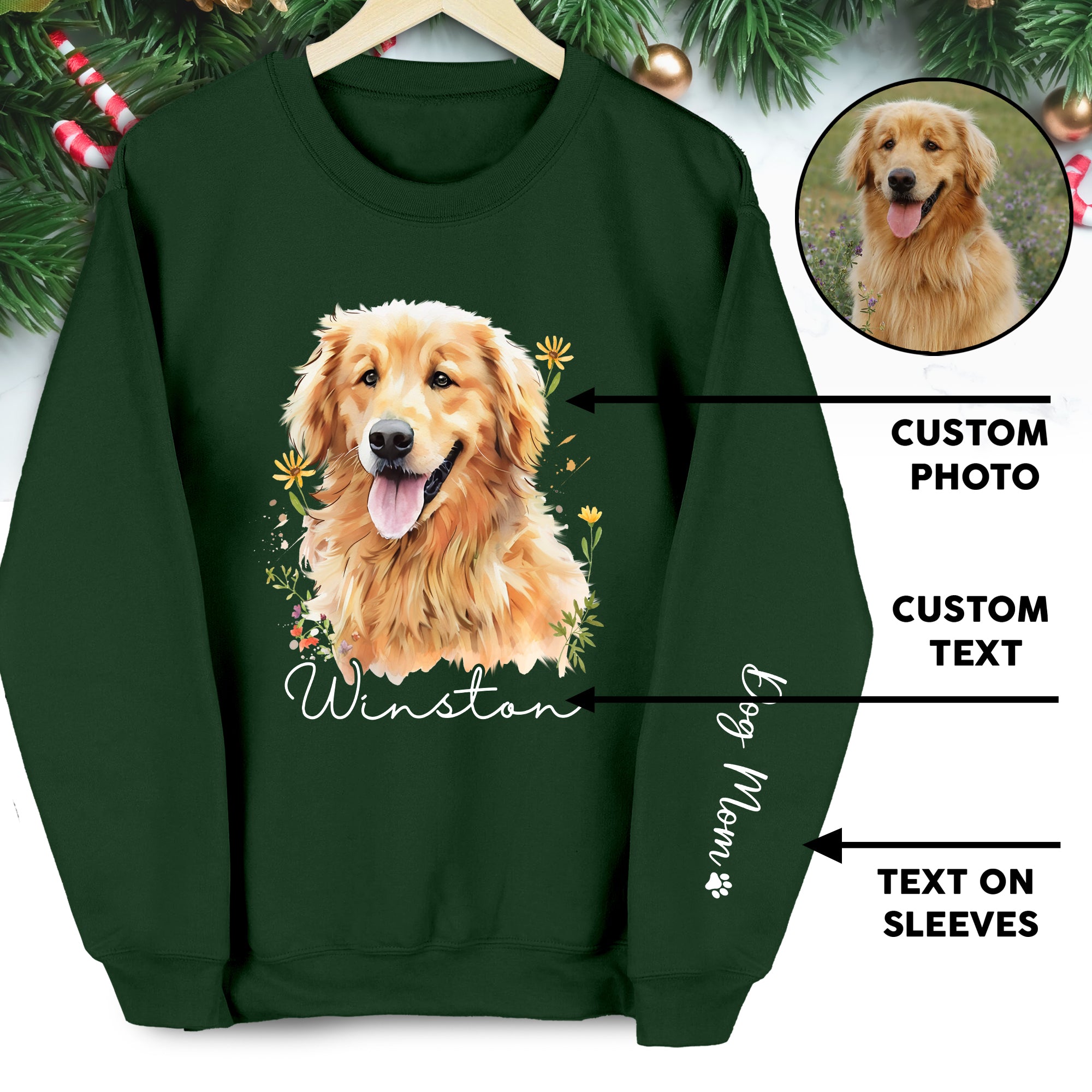 Custom Dog Portrait Sweatshirt – Personalized Pet Christmas Gift for Dog Mom & Pet Lovers