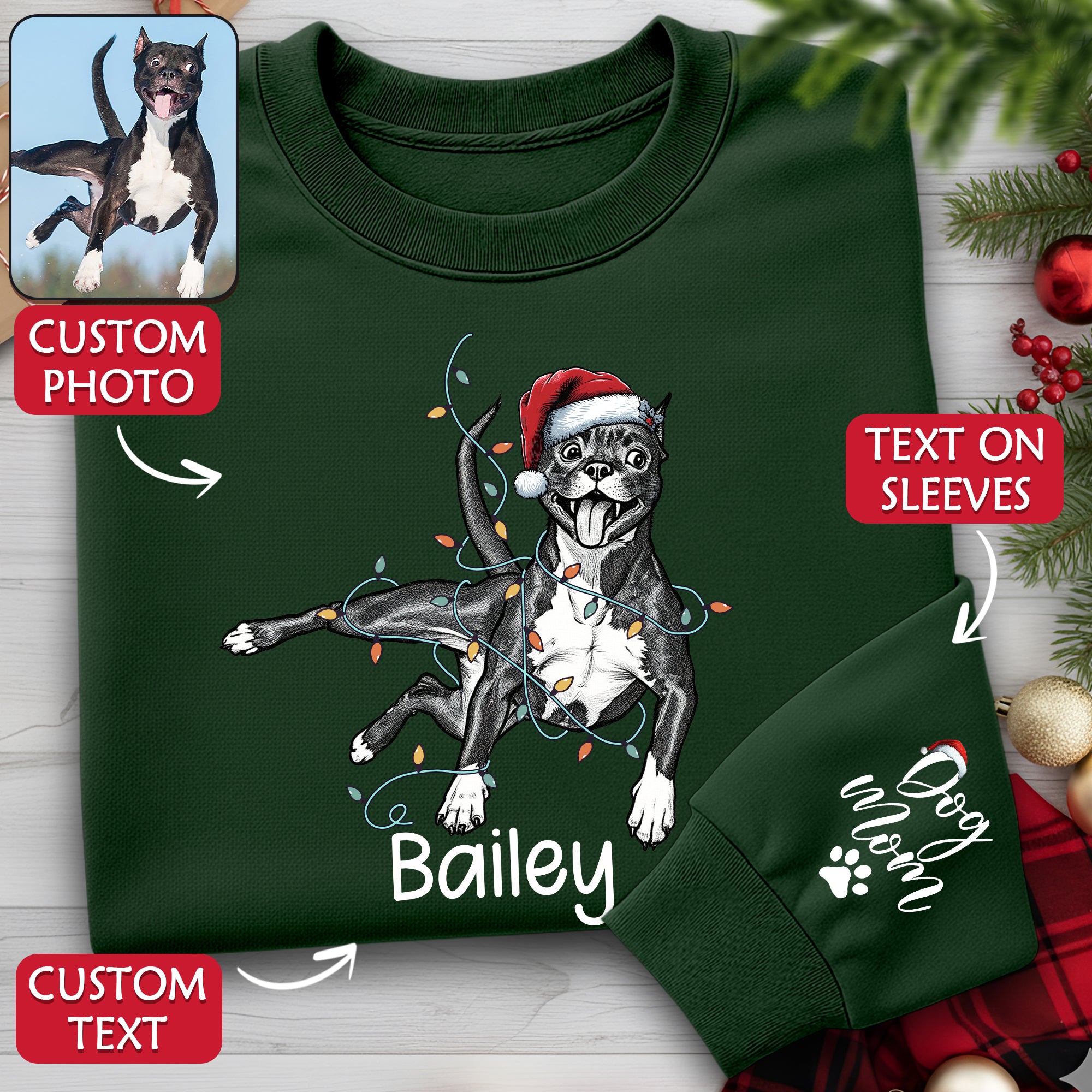 Custom Christmas Pet Portrait Sweatshirt – Personalized Dog Lover Gift for Dog Mom & Dog Dad