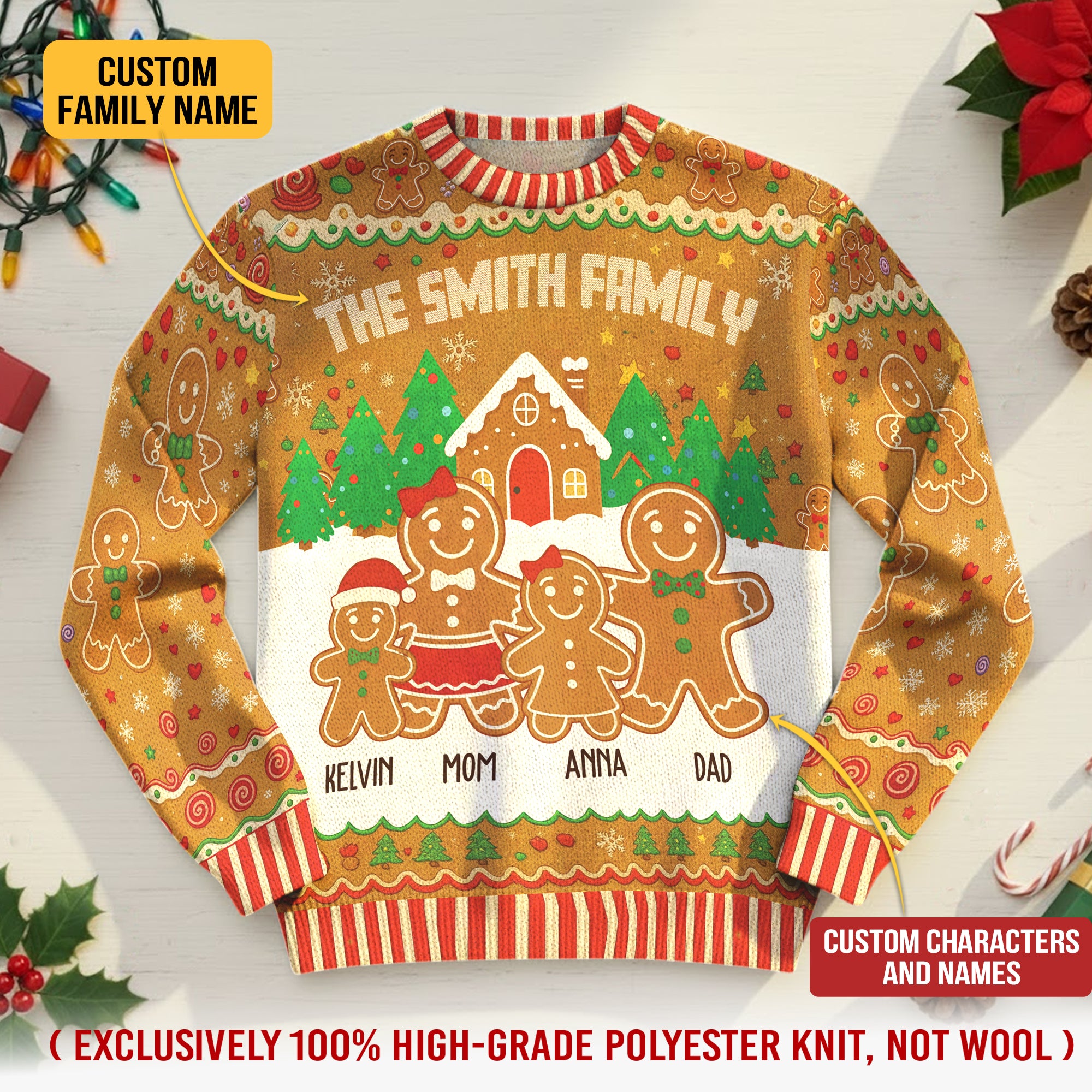 Custom Gingerbread Family Christmas Sweater – Personalized Name Ugly Holiday Sweatshirt for Family