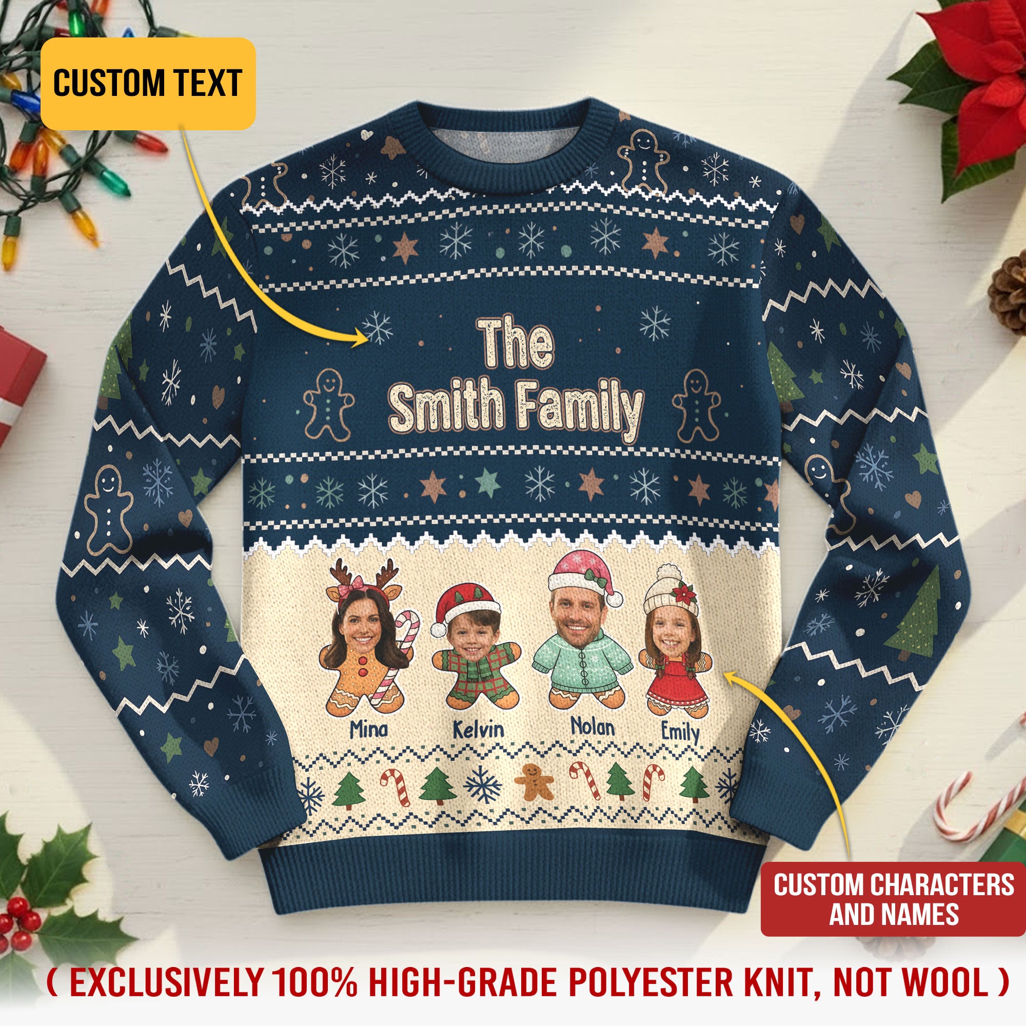 Personalized Gingerbread Family Ugly Christmas Sweater – Custom Name & Photo Holiday Sweatshirt Gift