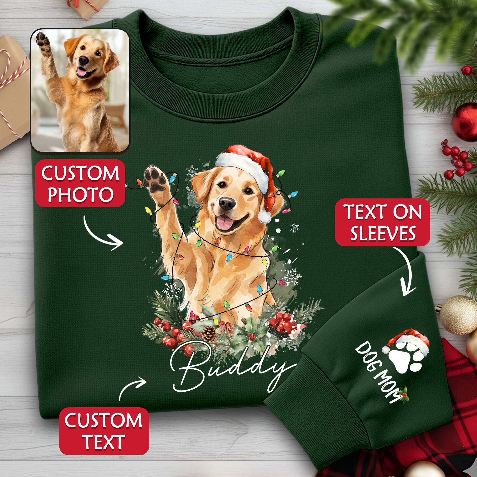 Custom Christmas Dog Sweatshirt – Personalized Pet Photo Holiday Sweatshirt – Cute Santa Dog Mom Gift