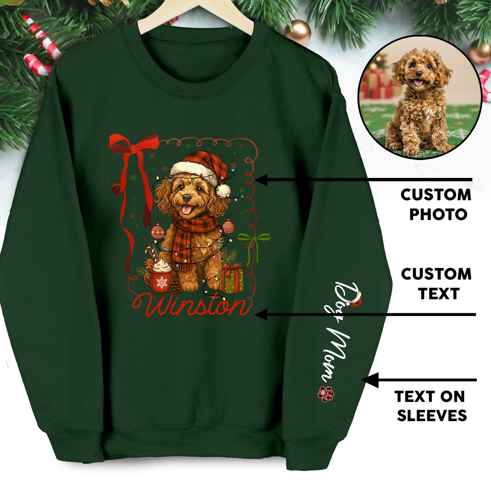 Personalized Christmas Dog Sweatshirt – Custom Pet Photo Holiday Crewneck – Festive Dog Mom Gift