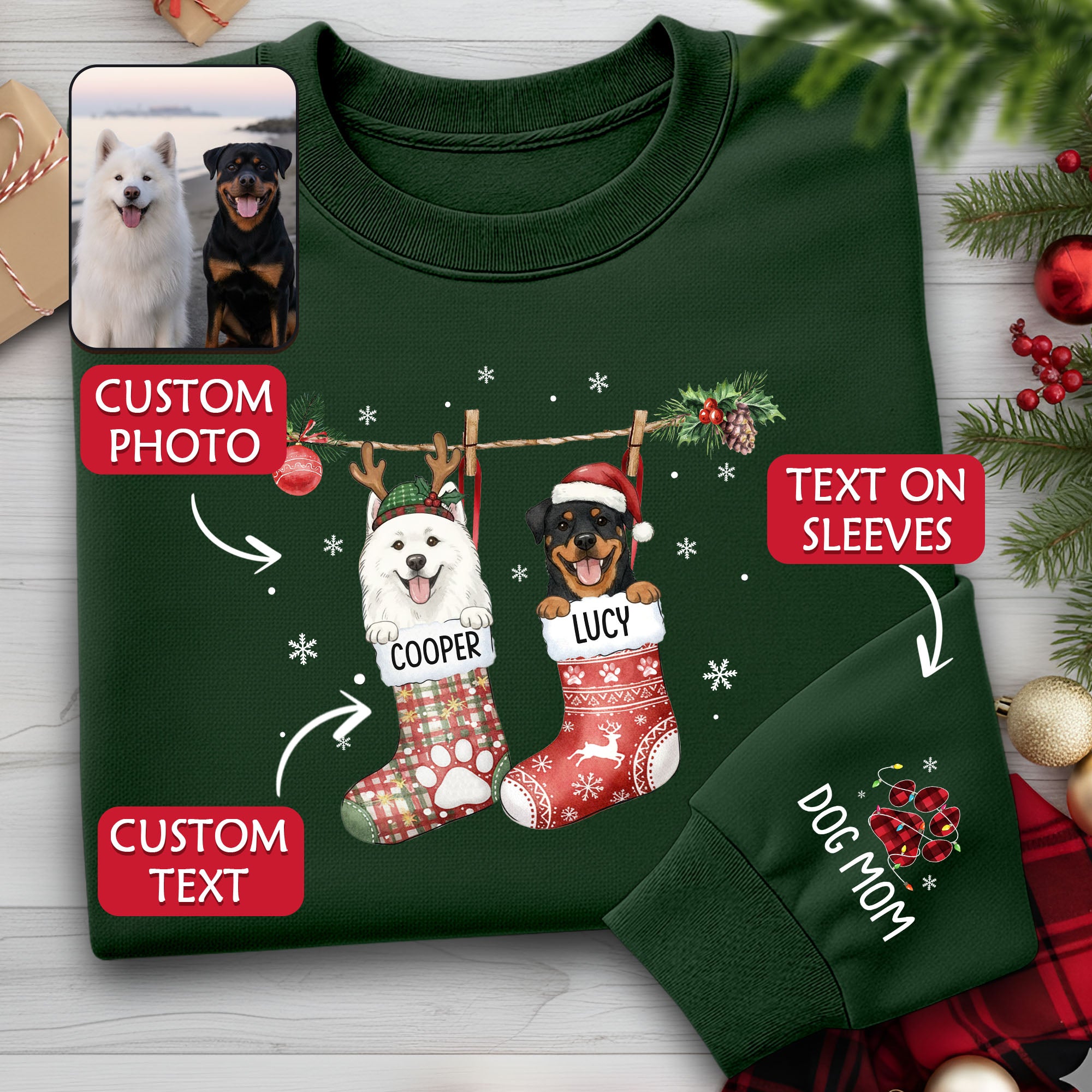Custom Pet Christmas Stocking Sweatshirt – Personalized Two Dogs Holiday Crewneck Gift for Dog Moms