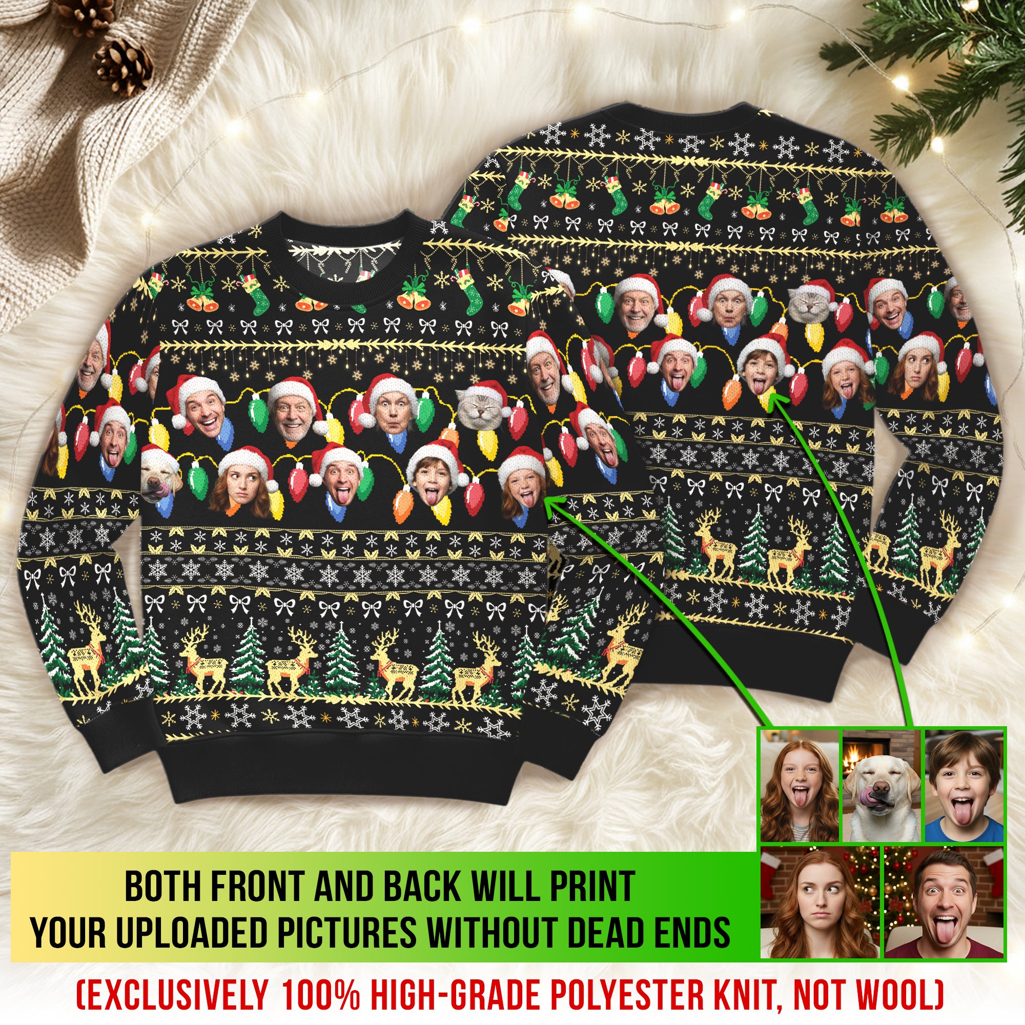 Custom Ugly Christmas Sweater – Personalized Photo Black Holiday Knit for Family, Pets & Festive Gifts
