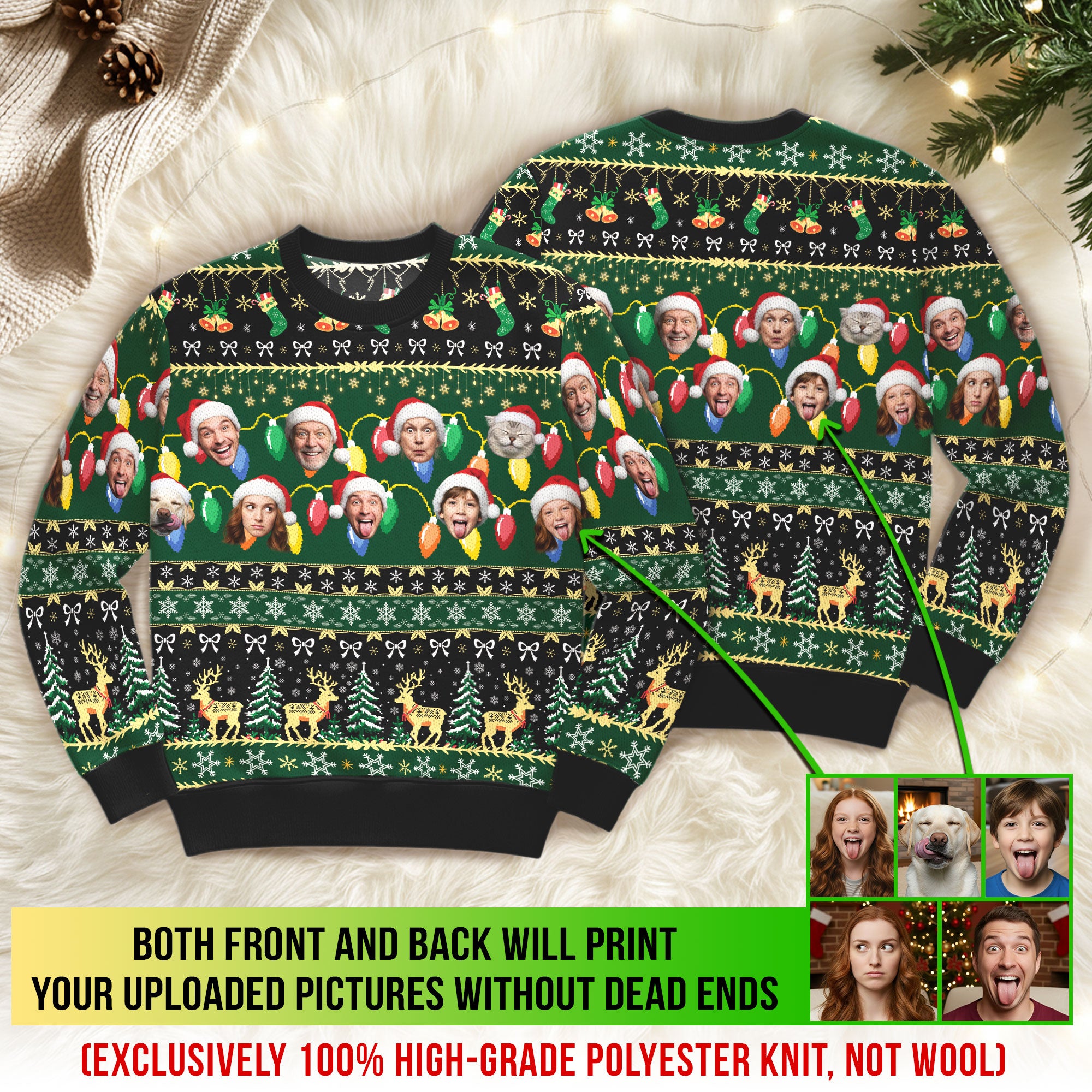 Custom Ugly Christmas Sweater – Personalized Photo Green Holiday Knit for Family, Pets & Festive Fun