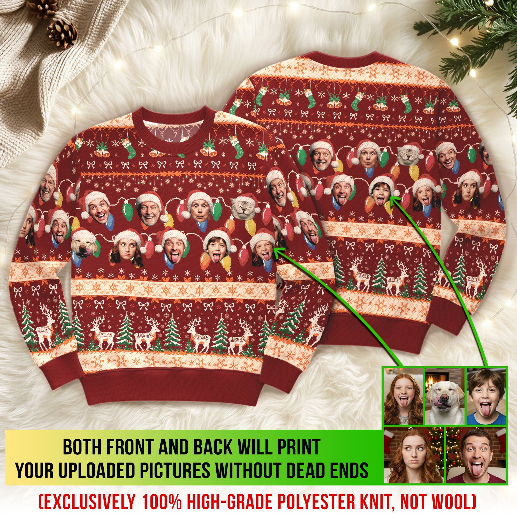Custom Ugly Christmas Sweater – Personalized Photo Red Holiday Knit for Family, Pets & Seasonal Fun