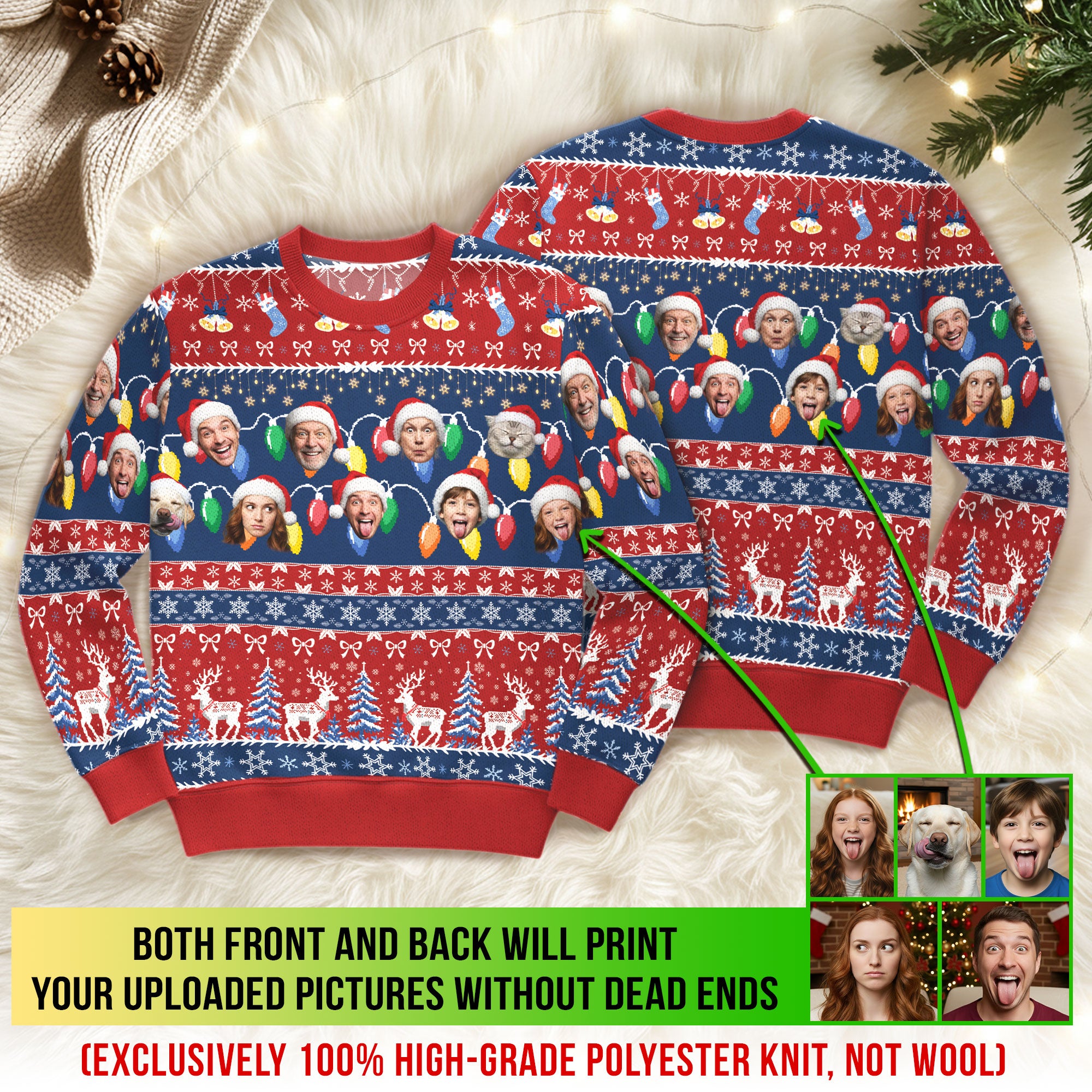 Custom Ugly Christmas Sweater – Personalized Photo Red & Blue Holiday Knit for Family, Pets & Festive Moments
