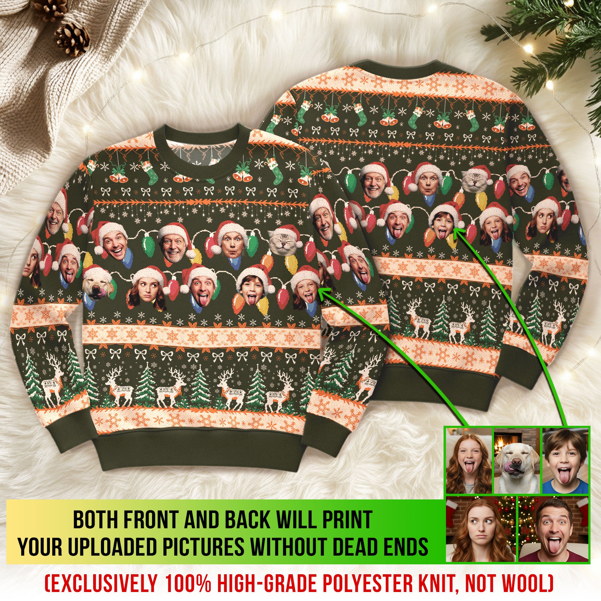 Custom Ugly Christmas Sweater – Personalized Photo Forest Green Holiday Knit for Family, Pets & Festive Cheer