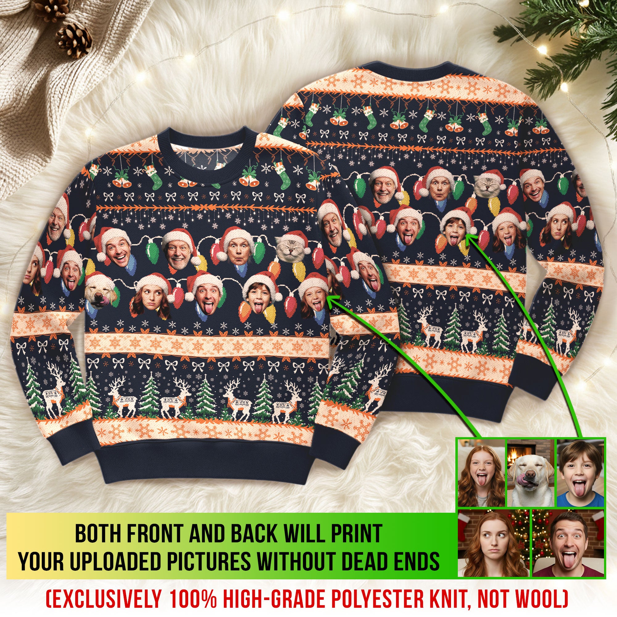 Custom Ugly Christmas Sweater – Personalized Photo Navy Holiday Knit for Family, Pets & Festive Style