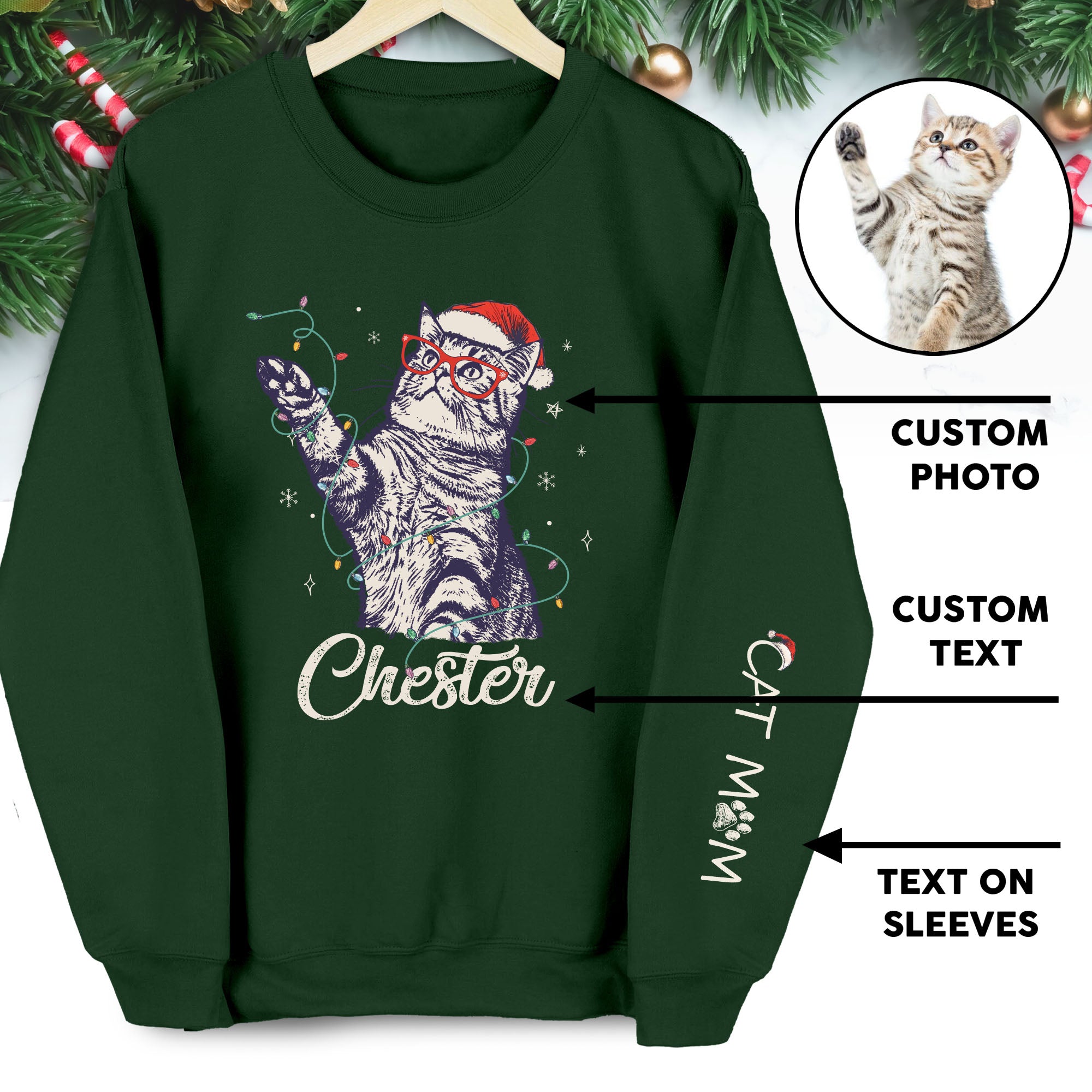 Custom Cat Christmas Sweatshirt, Personalized Pet Portrait Holiday Gift for Cat Moms