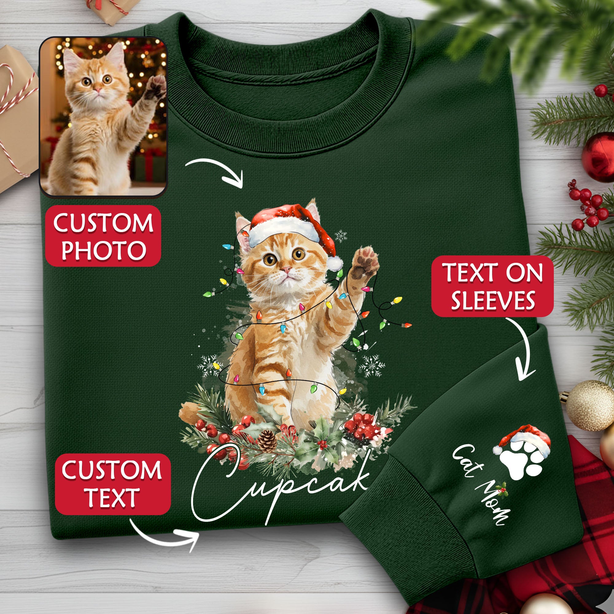 Custom Cat Christmas Sweatshirt – Personalized Holiday Pet Portrait Gift for Cat Moms