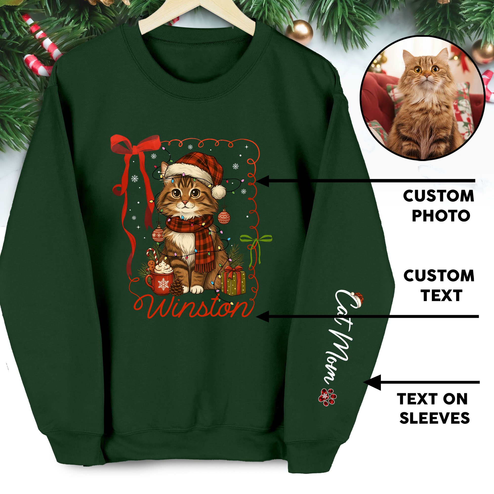 Custom Cat Christmas Personalized Pet Portrait Holiday Gift Sweatshirt for Cat Moms