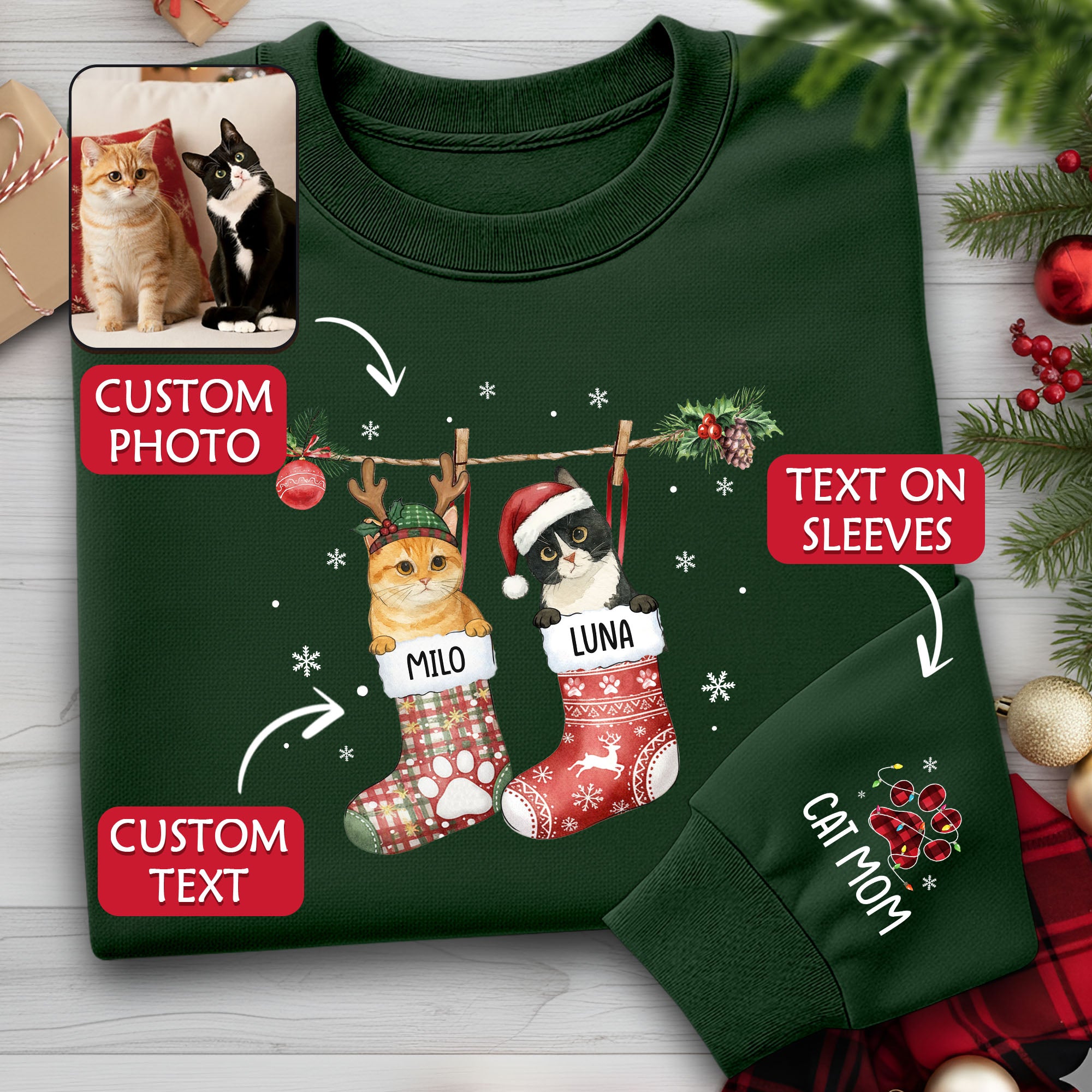 Custom Cats Christmas Sweatshirt – Personalized Pet Stocking Holiday Gift for Cat Moms