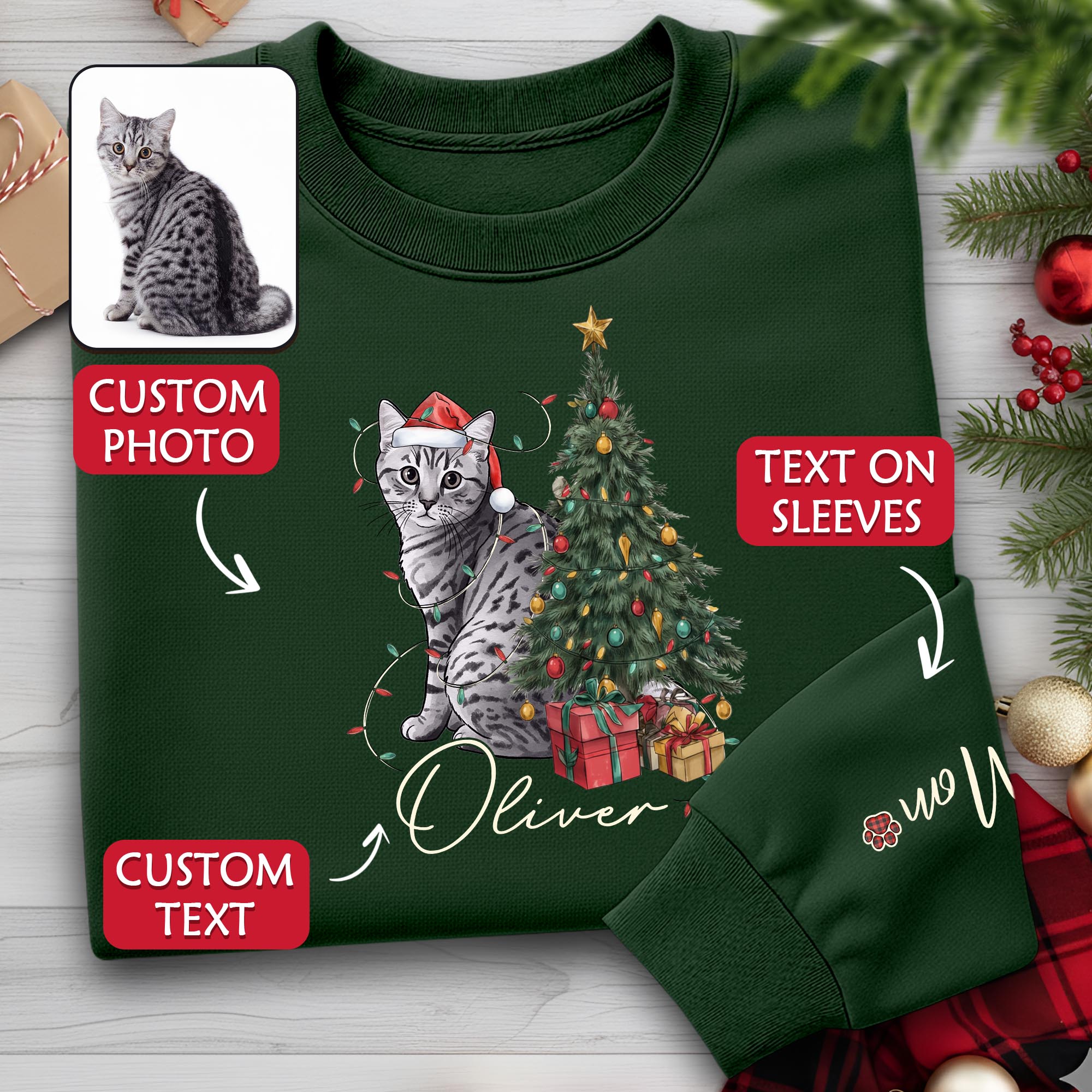 Custom Cat Christmas Sweatshirt – Personalized Gift for Cat Mom & Pet Lovers