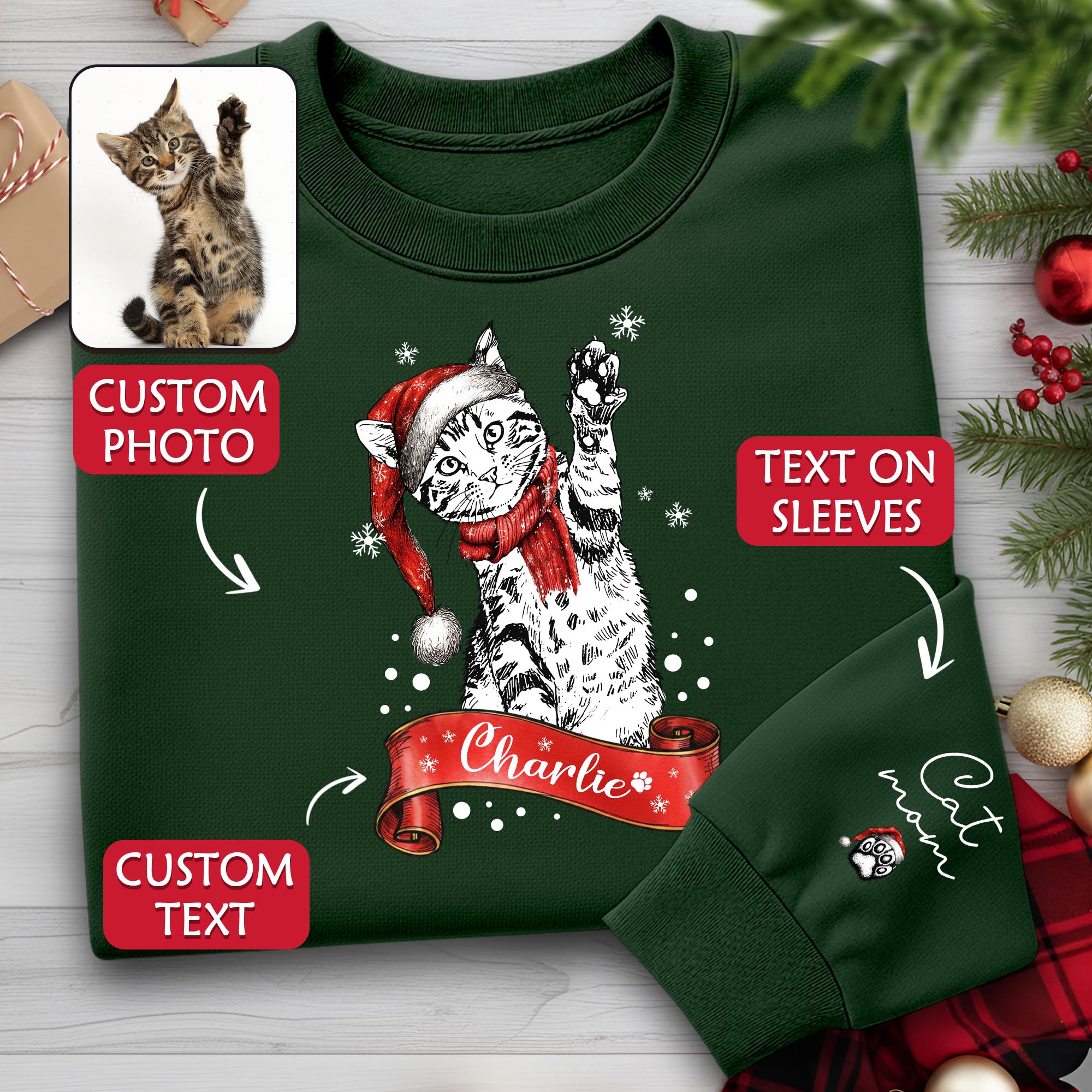 Personalized Cat Photo Sweatshirt – Custom Christmas Gift for Women Cat Moms