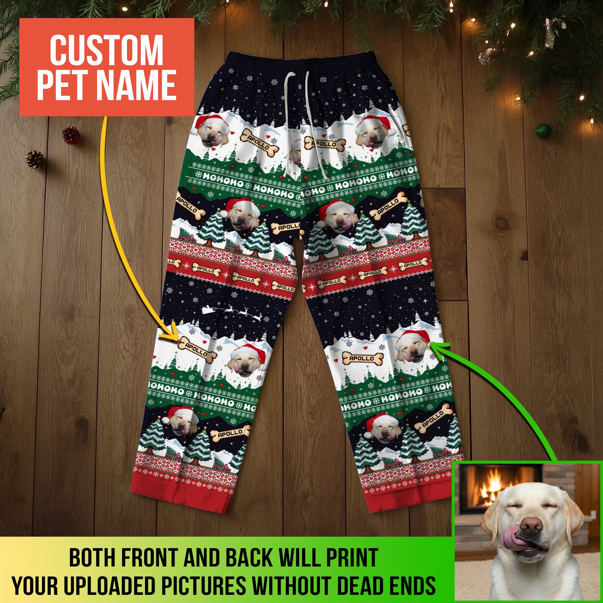 Custom Christmas Pet Photo Pajama Pants – Personalized Dog Name Holiday Pattern Sleepwear