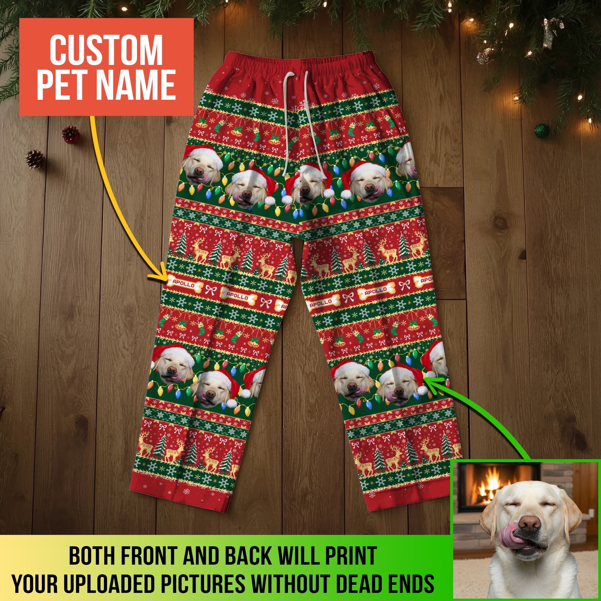 Custom Pet Christmas Lights Pajama Pants – Personalized Dog Photo & Name Holiday Lounge Bottoms