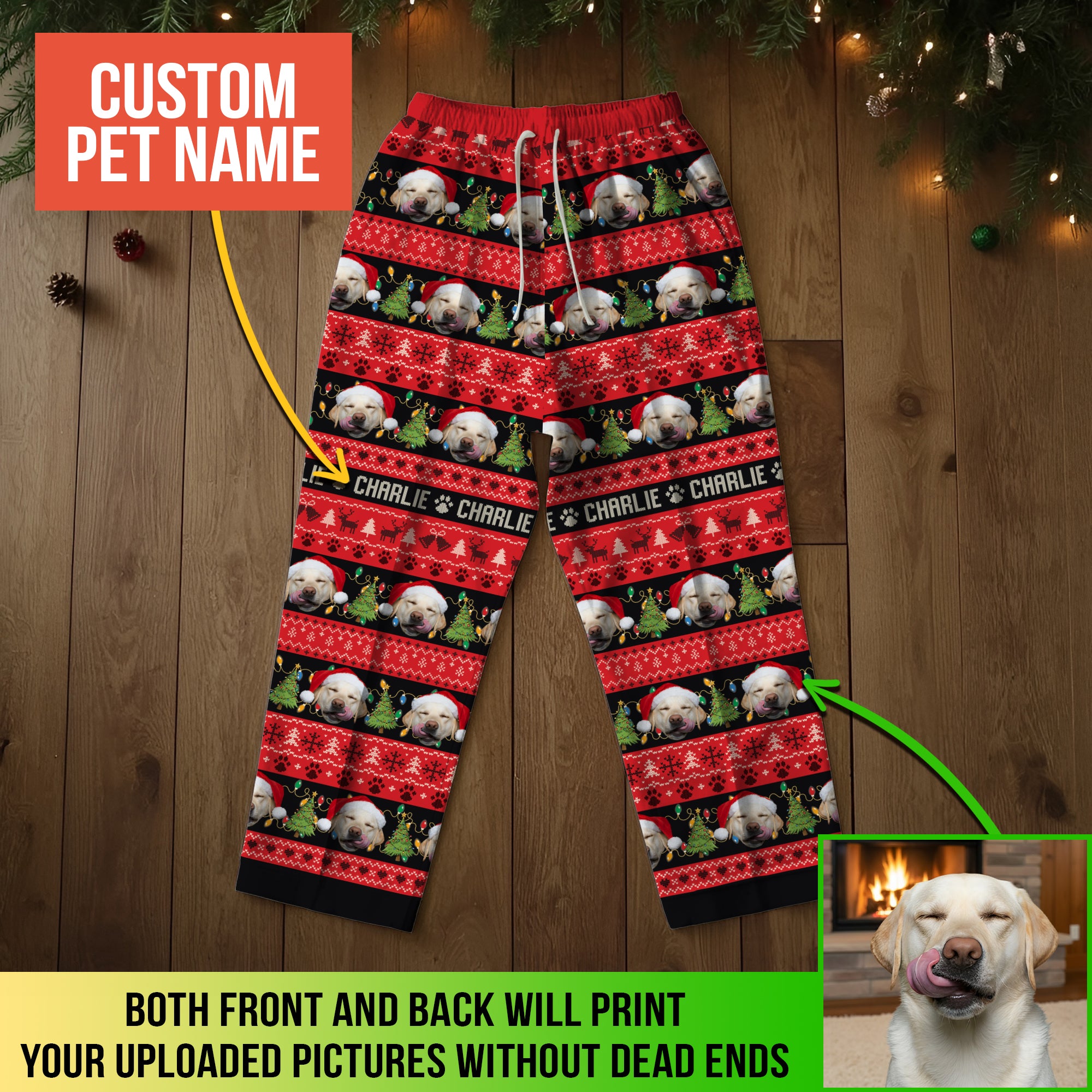 Custom Pet Christmas Name Pajama Pants – Personalized Dog Photo Holiday Lounge Wear