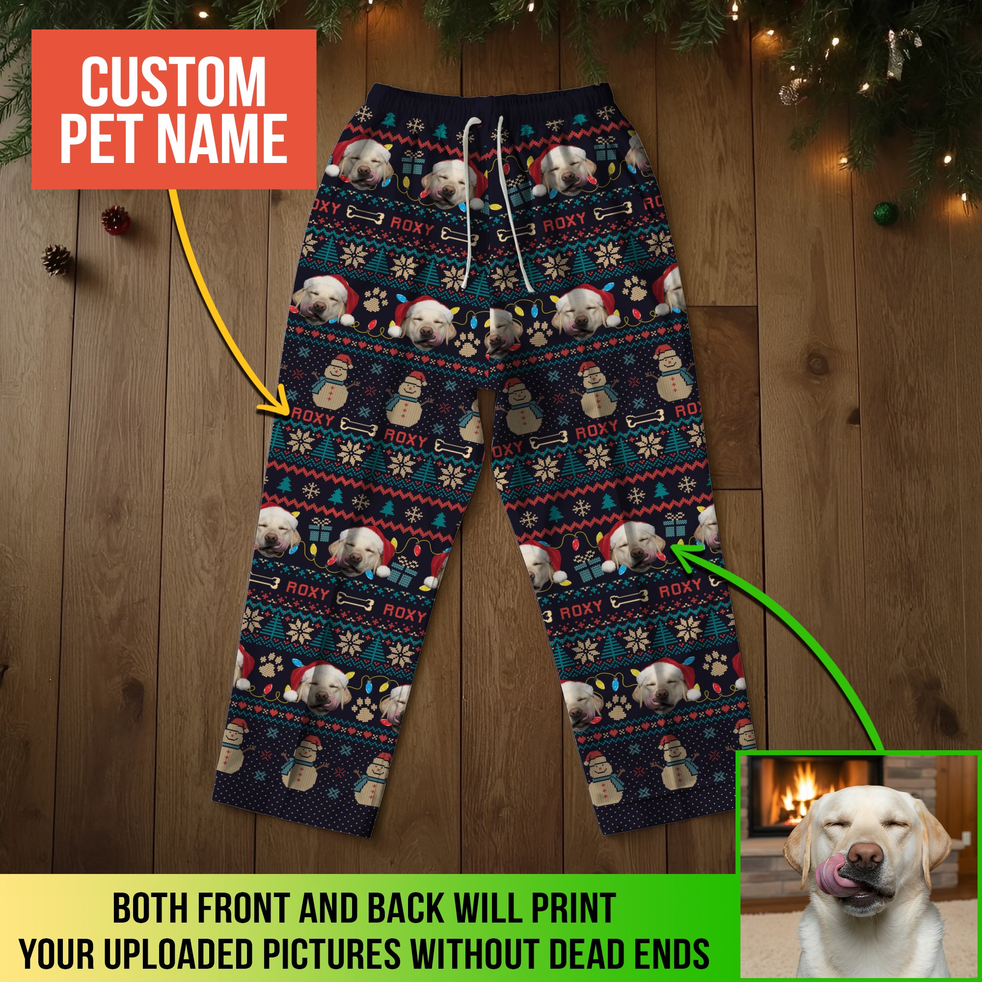 Custom Pet Snowman Christmas Pajama Pants – Personalized Dog Photo & Name Holiday Sleepwear