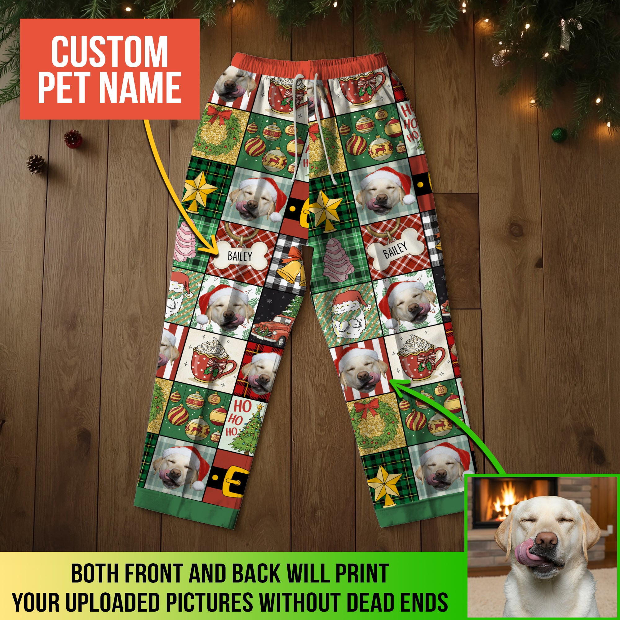 Custom Patchwork Christmas Pet Pajama Pants – Personalized Dog Photo & Name Holiday Lounge Wear