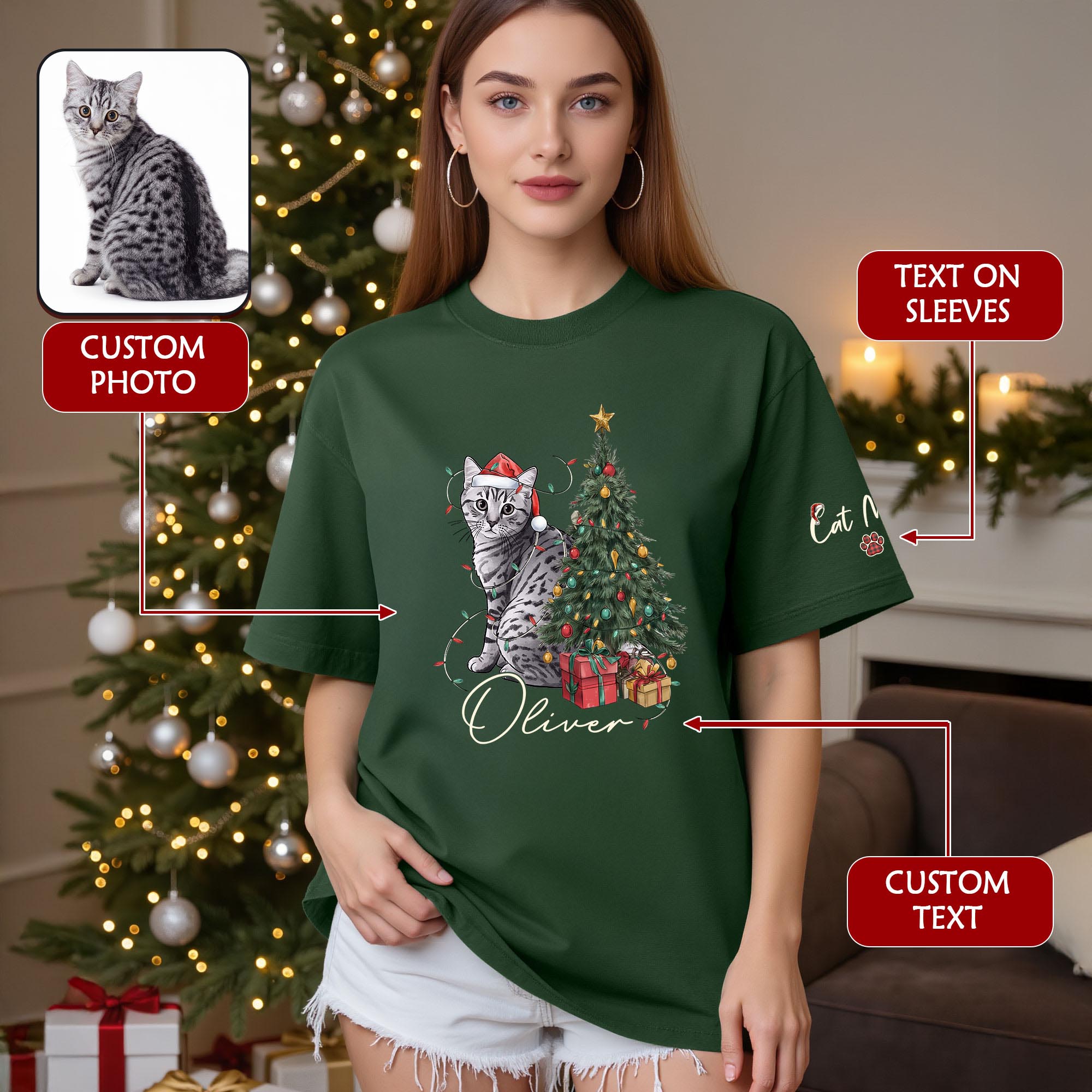 Custom Cat Christmas T-Shirt – Personalized Pet Photo Shirt, Cute Holiday Gift for Pet Lovers