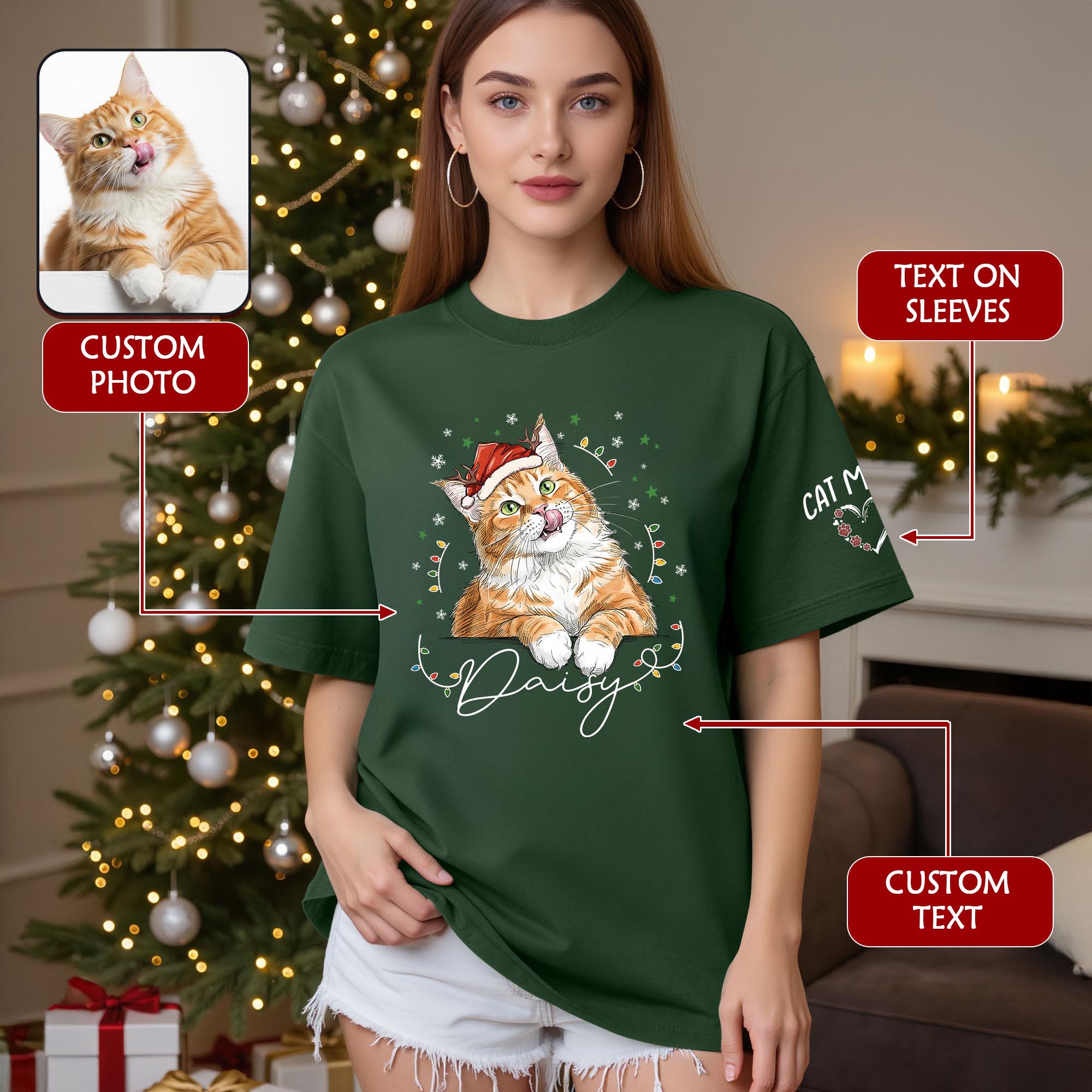 Christmas Cat T-Shirt – Custom Pet Photo Tee, Personalized Holiday Gift for Cat Lovers