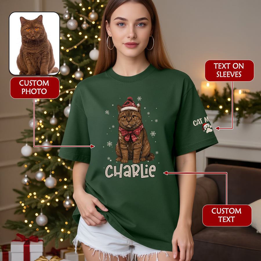 Personalized Cat Christmas Shirt – Custom Pet Photo Tee, Holiday Gift for Cat Mom
