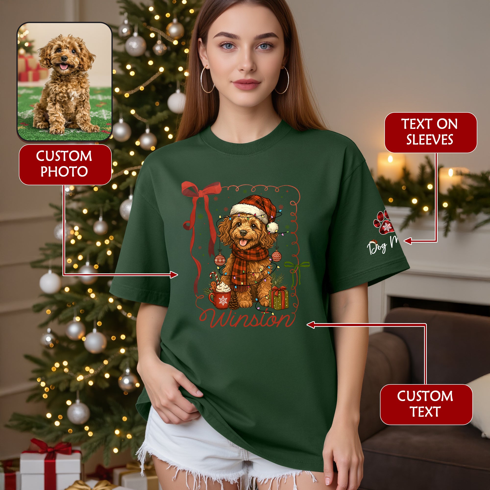 Dog Mom Christmas Shirt – Custom Pet Face T-Shirt, Personalized Holiday Gift Idea