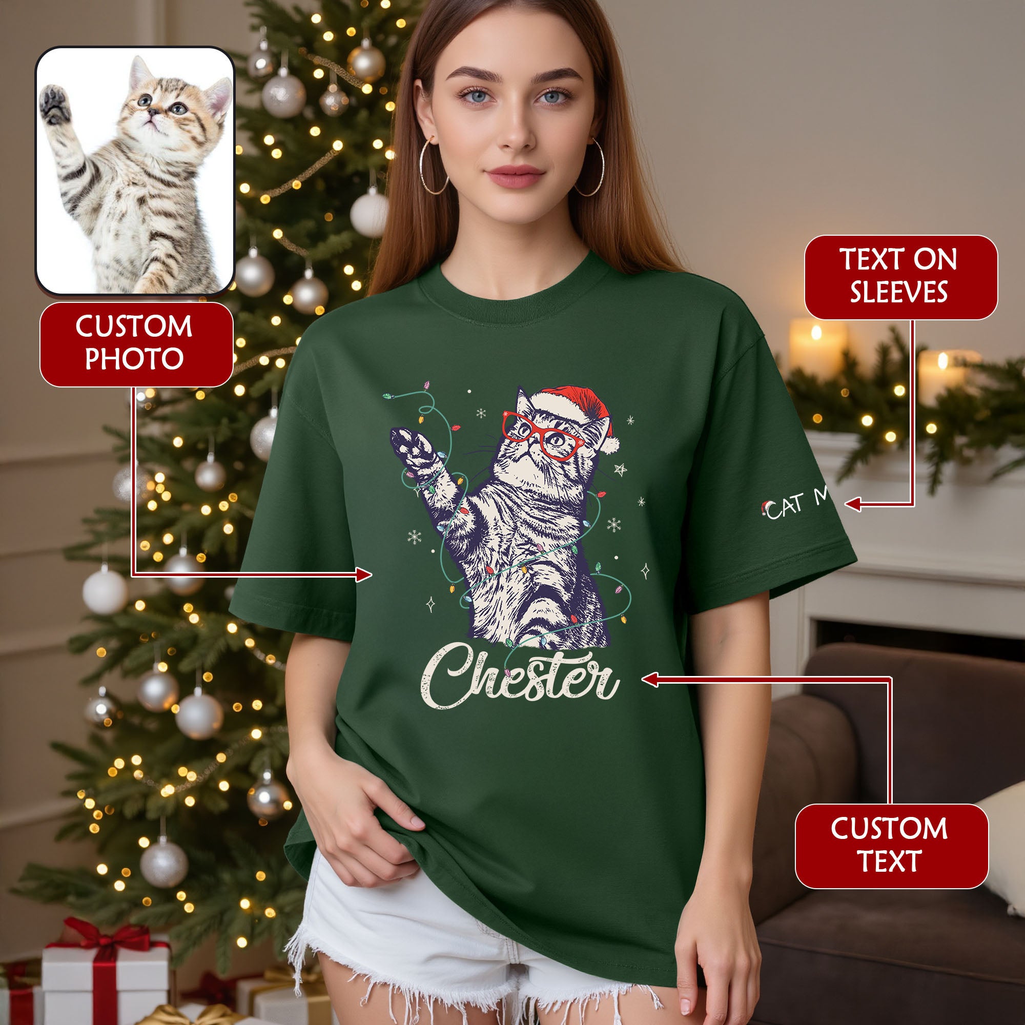 Personalized Cat Christmas Shirt – Custom Pet Photo T-Shirt, Holiday Gift for Cat Mom
