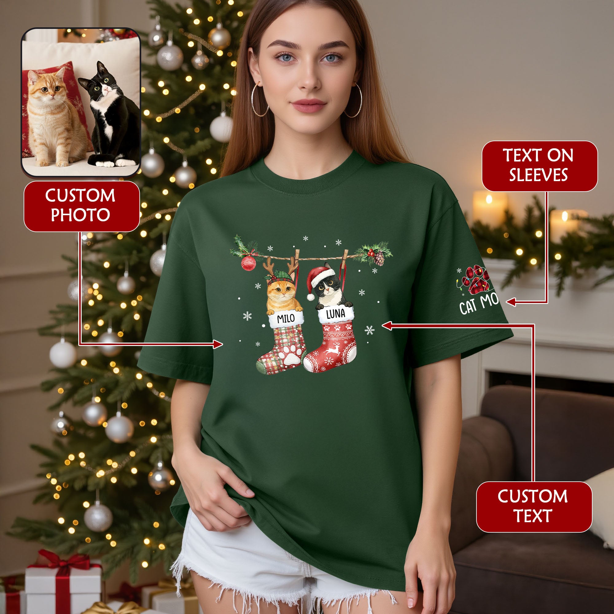 Personalized Cat Photo Christmas T-Shirt – Custom Pet Lover Gift for Cat Mom, Holiday Tee
