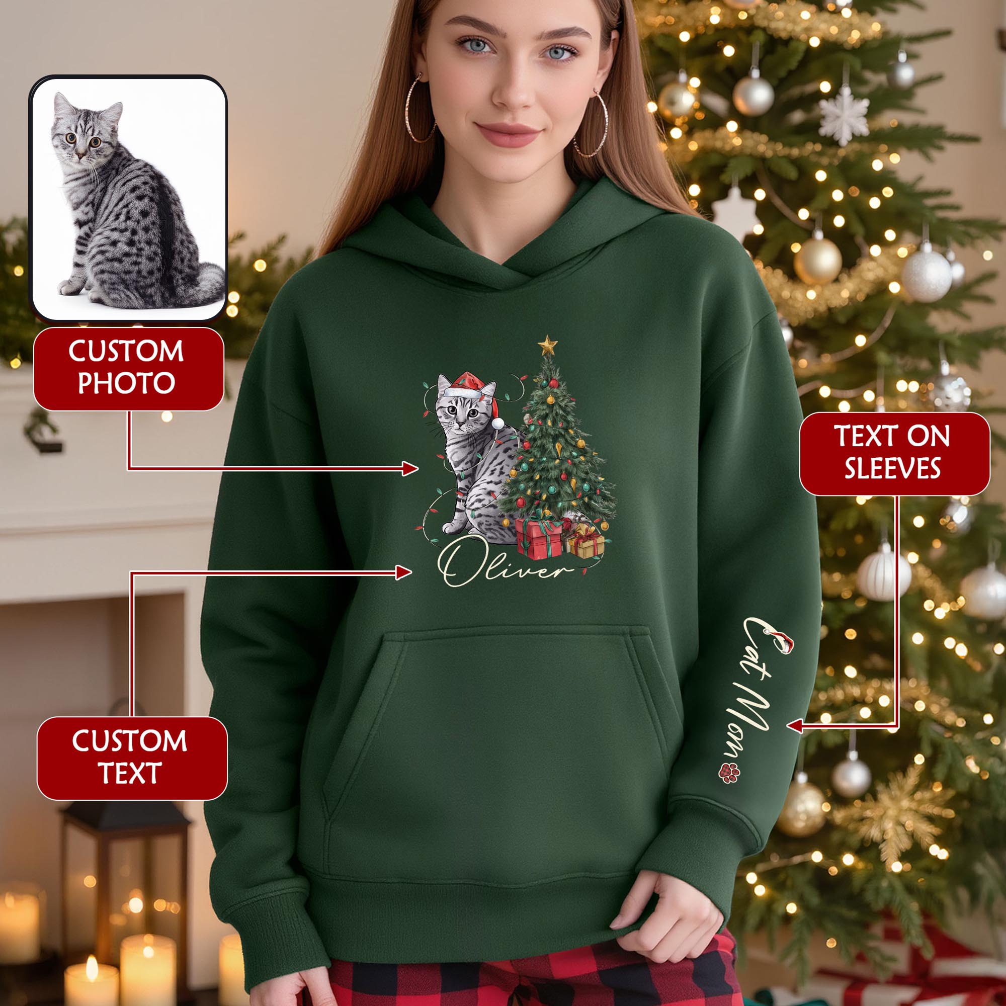 Personalized Cat Mom Christmas Hoodie – Custom Pet Photo Hoodie with Cat Name, Holiday Gift for Cat Lovers