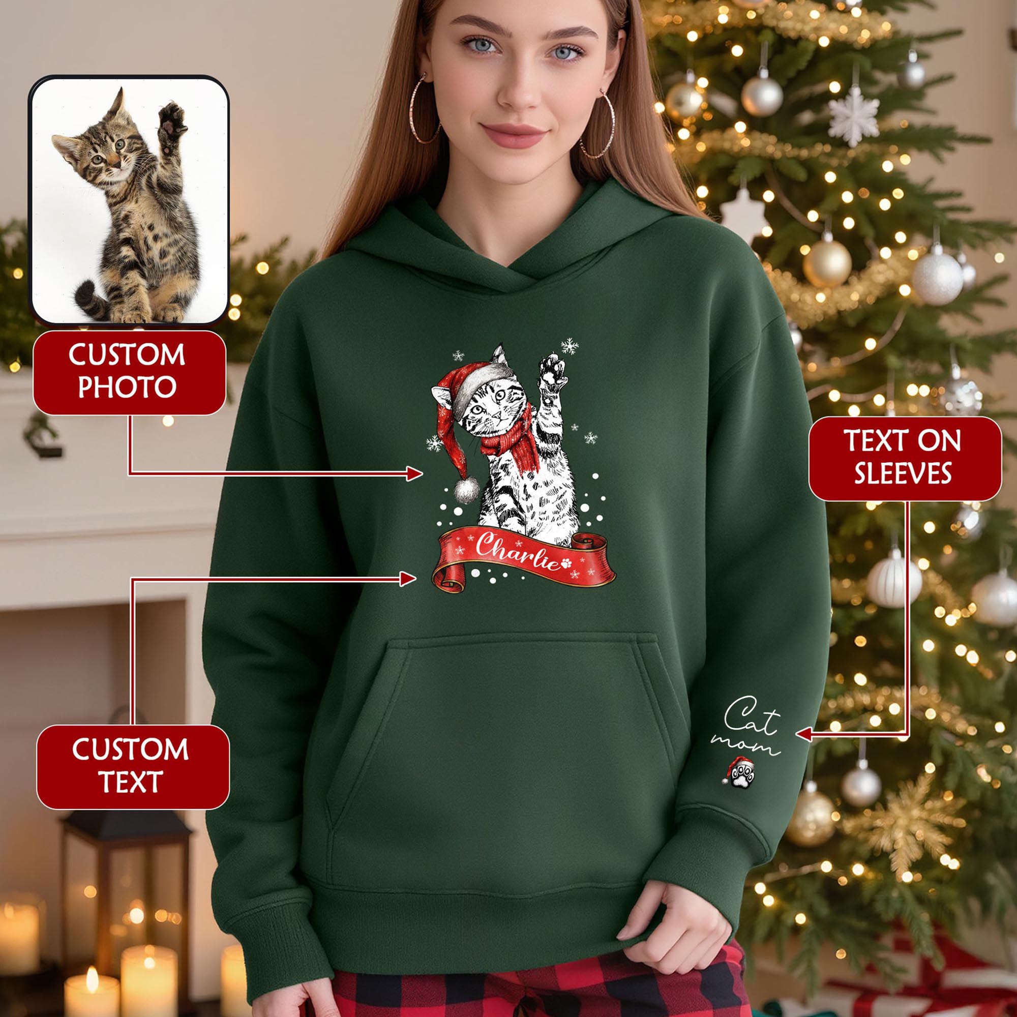 Custom Cat Mom Christmas Hoodie – Personalized Cat Photo Hoodie with Pet Name, Holiday Gift for Cat Lovers