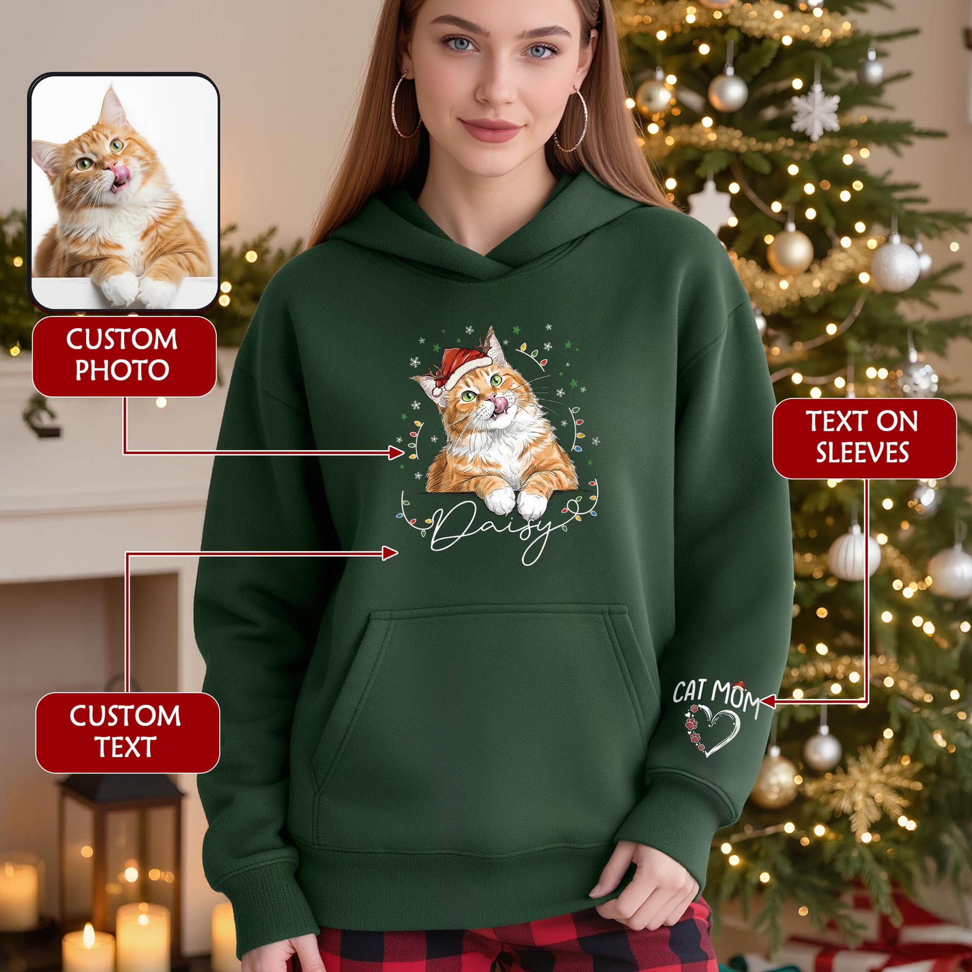 Personalized Cat Mom Christmas Hoodie – Custom Cat Photo Hoodie with Pet Name, Cute Holiday Gift for Cat Lovers
