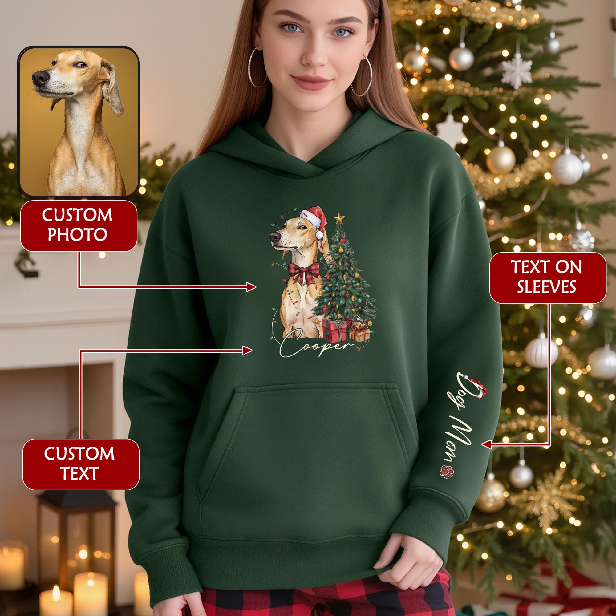 Personalized Dog Mom Christmas Hoodie, Custom Dog Photo Hoodie with Pet Name, Holiday Gift for Pet Lovers