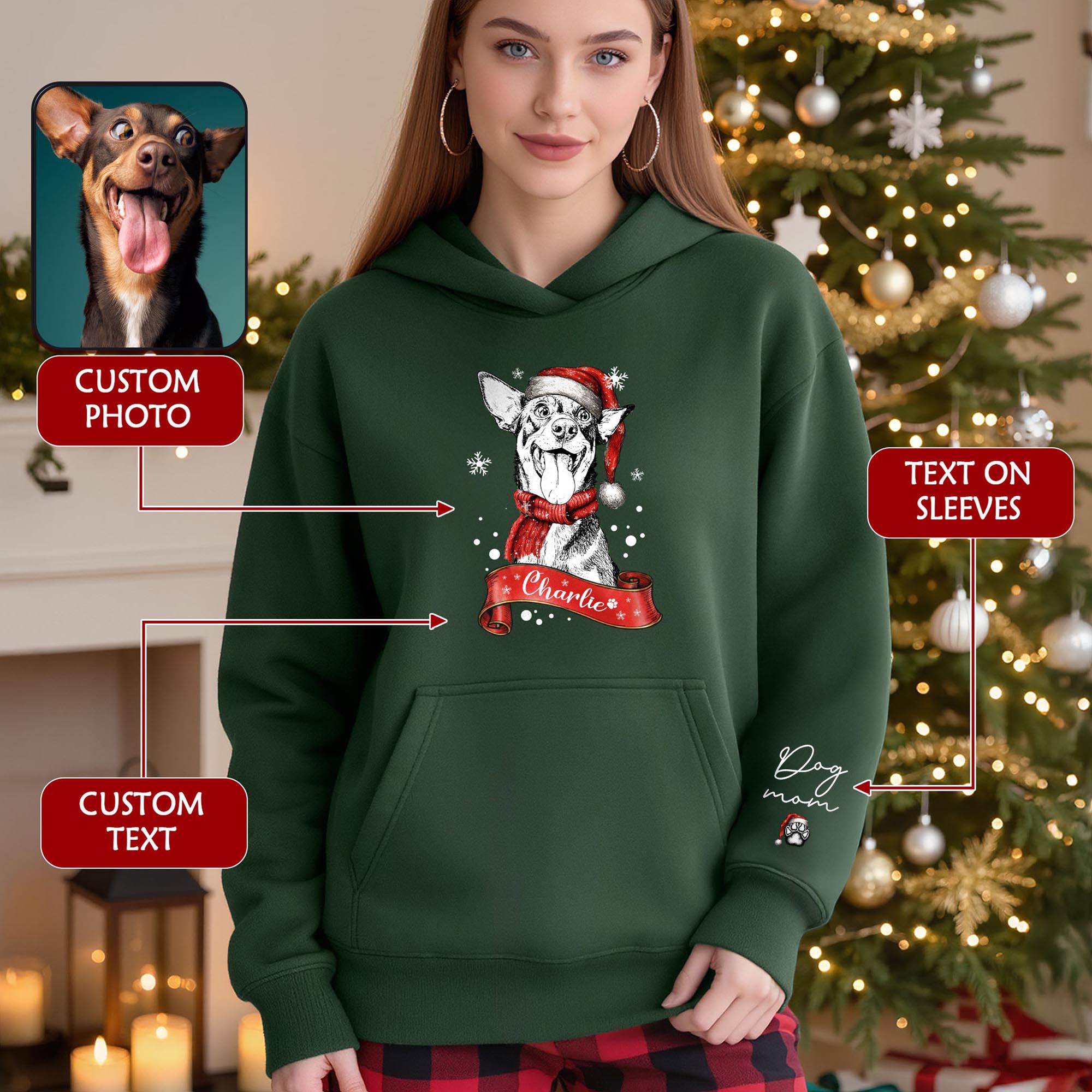 Custom Dog Mom Christmas Hoodie – Personalized Dog Photo Hoodie with Pet Name, Holiday Gift for Pet Lovers