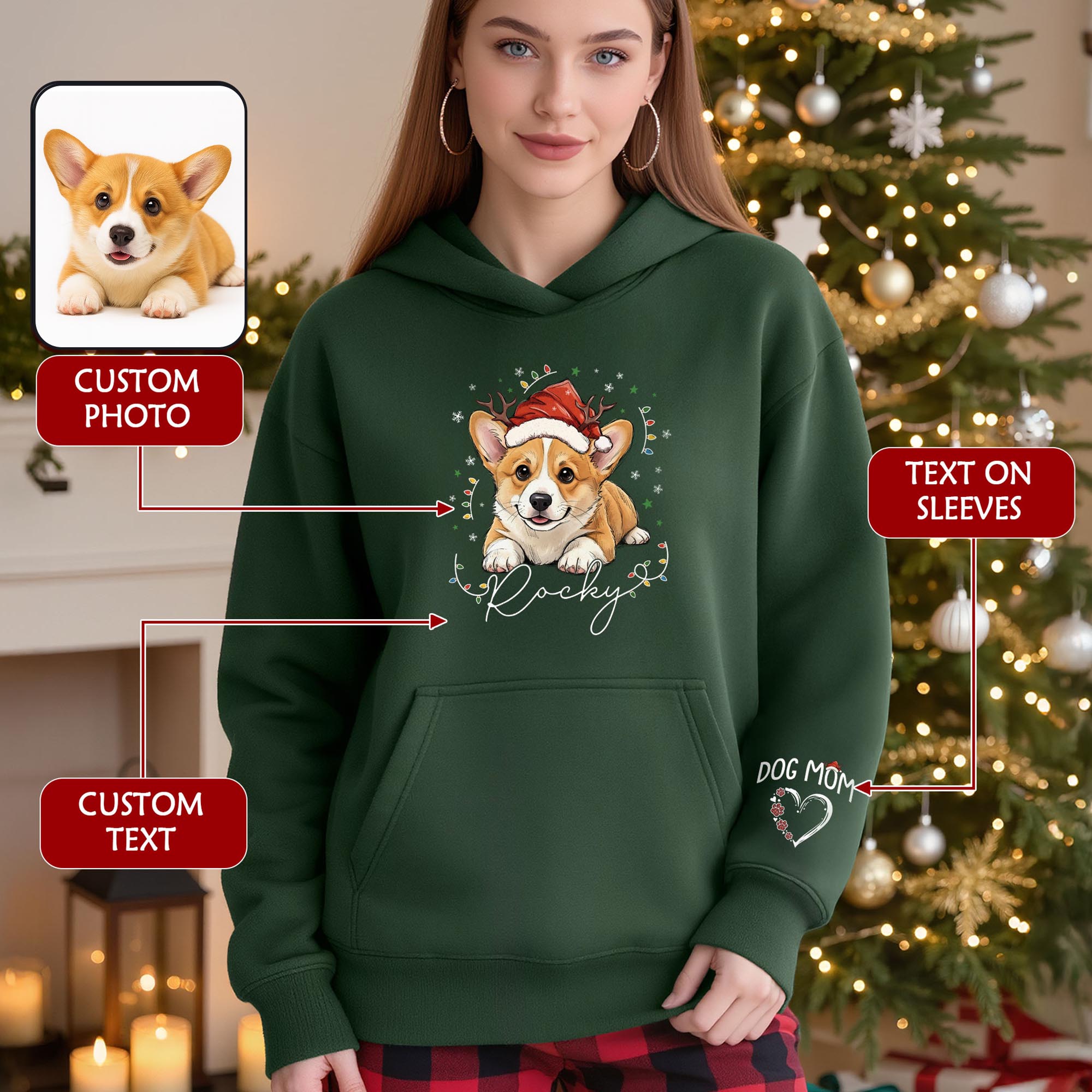 Personalized Dog Mom Christmas Hoodie – Custom Dog Photo Hoodie with Pet Name, Cute Holiday Gift for Dog Lovers