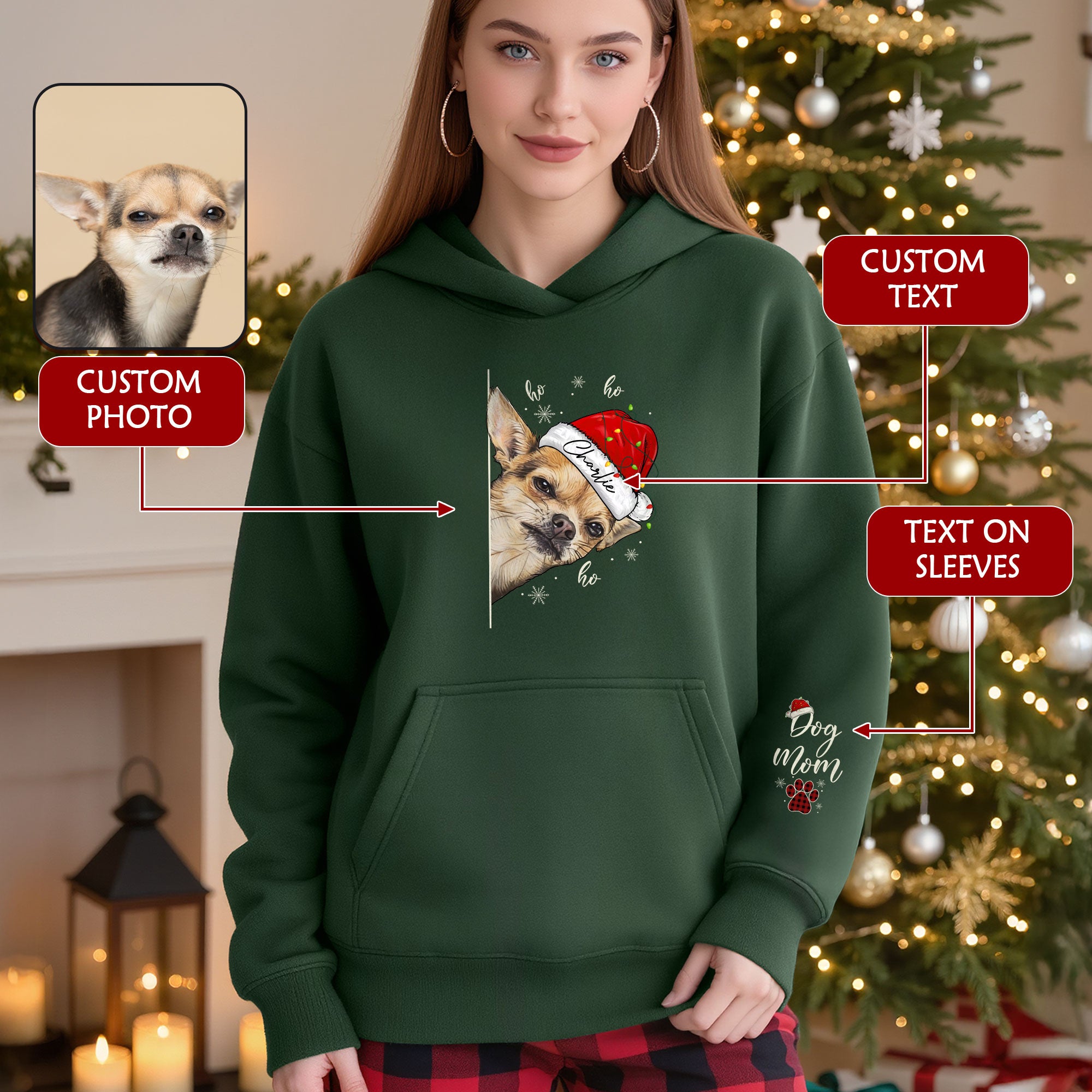 Custom Dog Mom Christmas Hoodie – Personalized Dog Photo Hoodie with Pet Name, Funny Holiday Gift for Dog Lovers