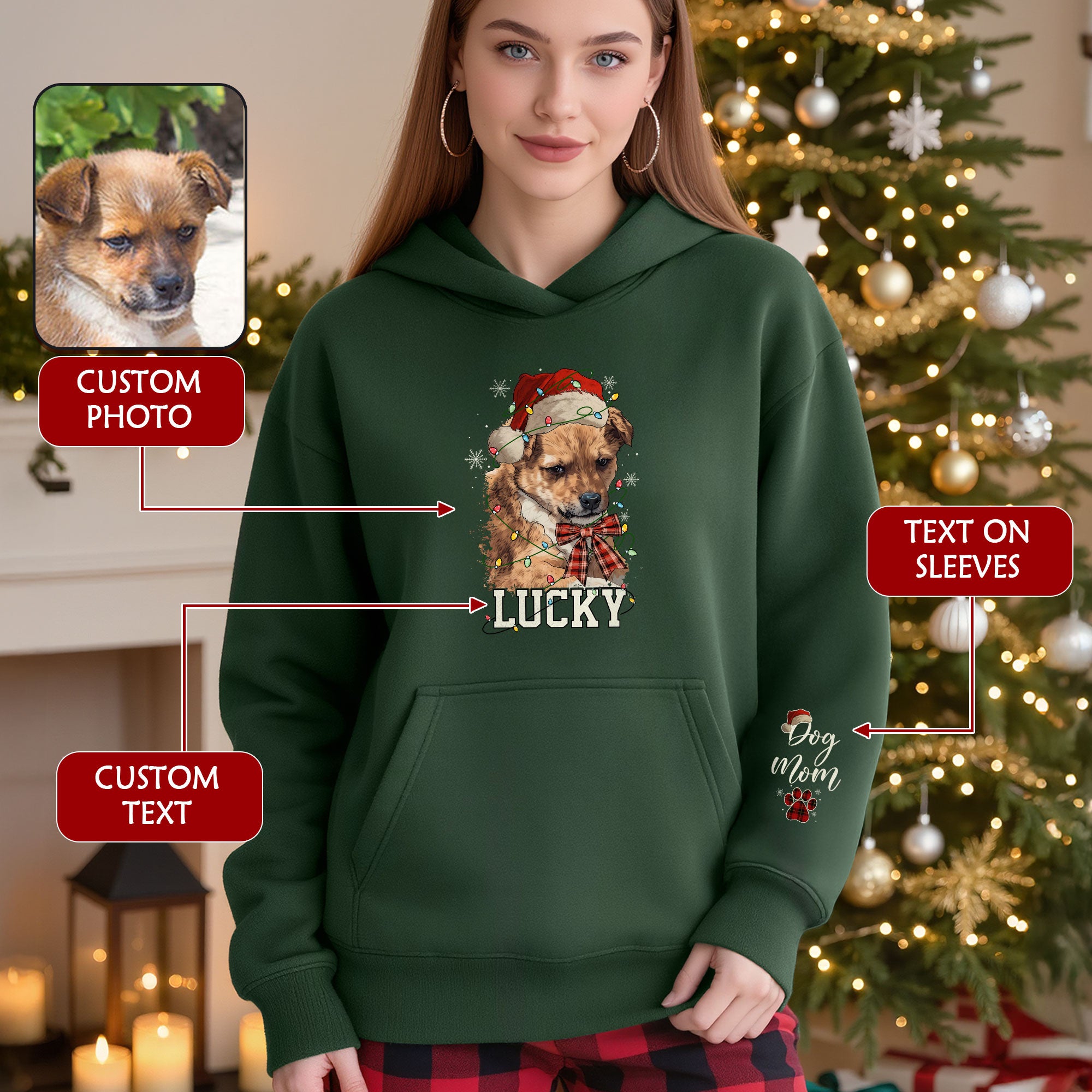 Personalized Dog Mom Christmas Hoodie – Custom Dog Photo Hoodie with Pet Name, Holiday Gift for Pet Lovers
